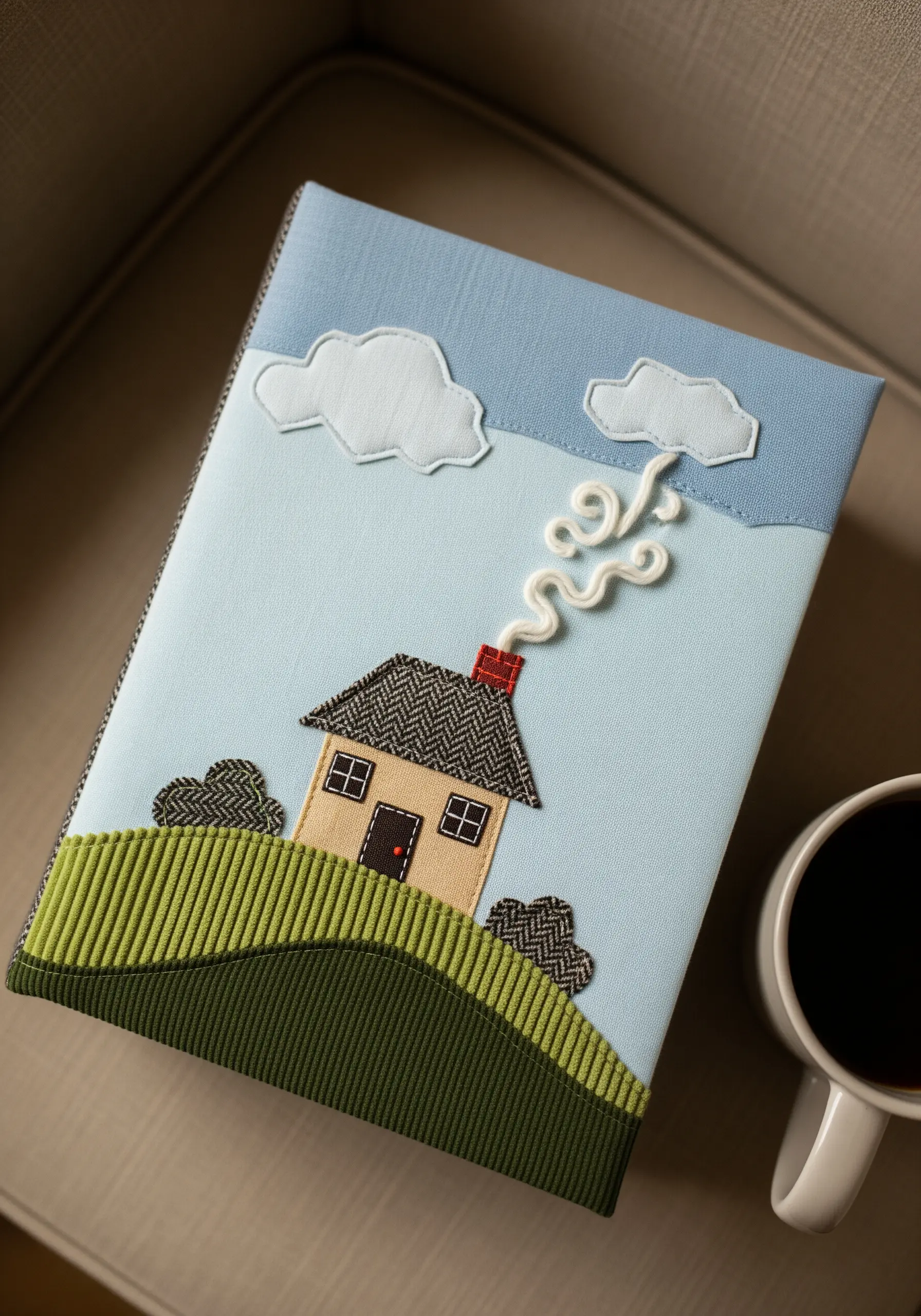 A fabric collage on a book cover depicting a cozy house on a corduroy hill