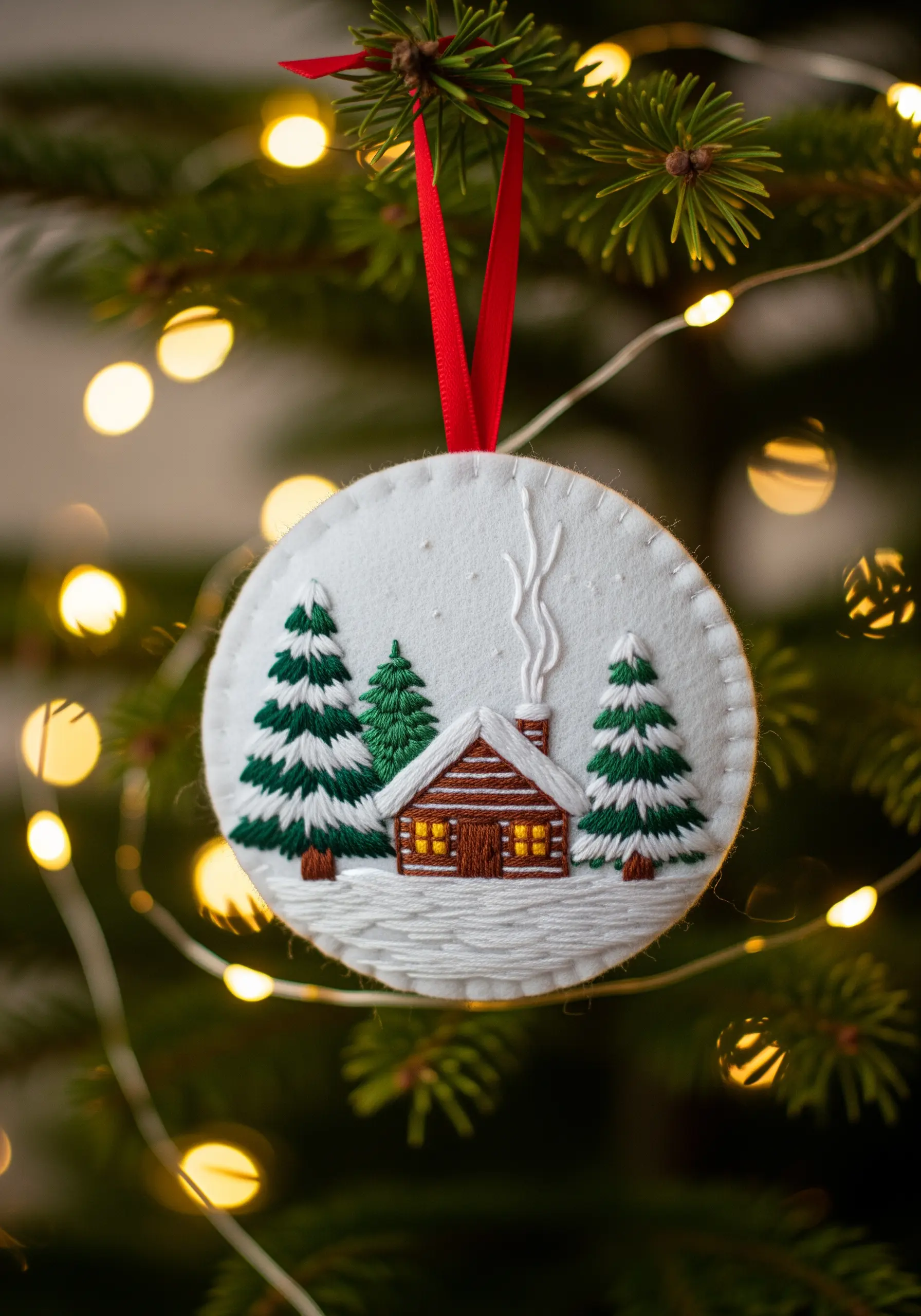 A felt Christmas ornament with an embroidered log cabin and snowy pine trees