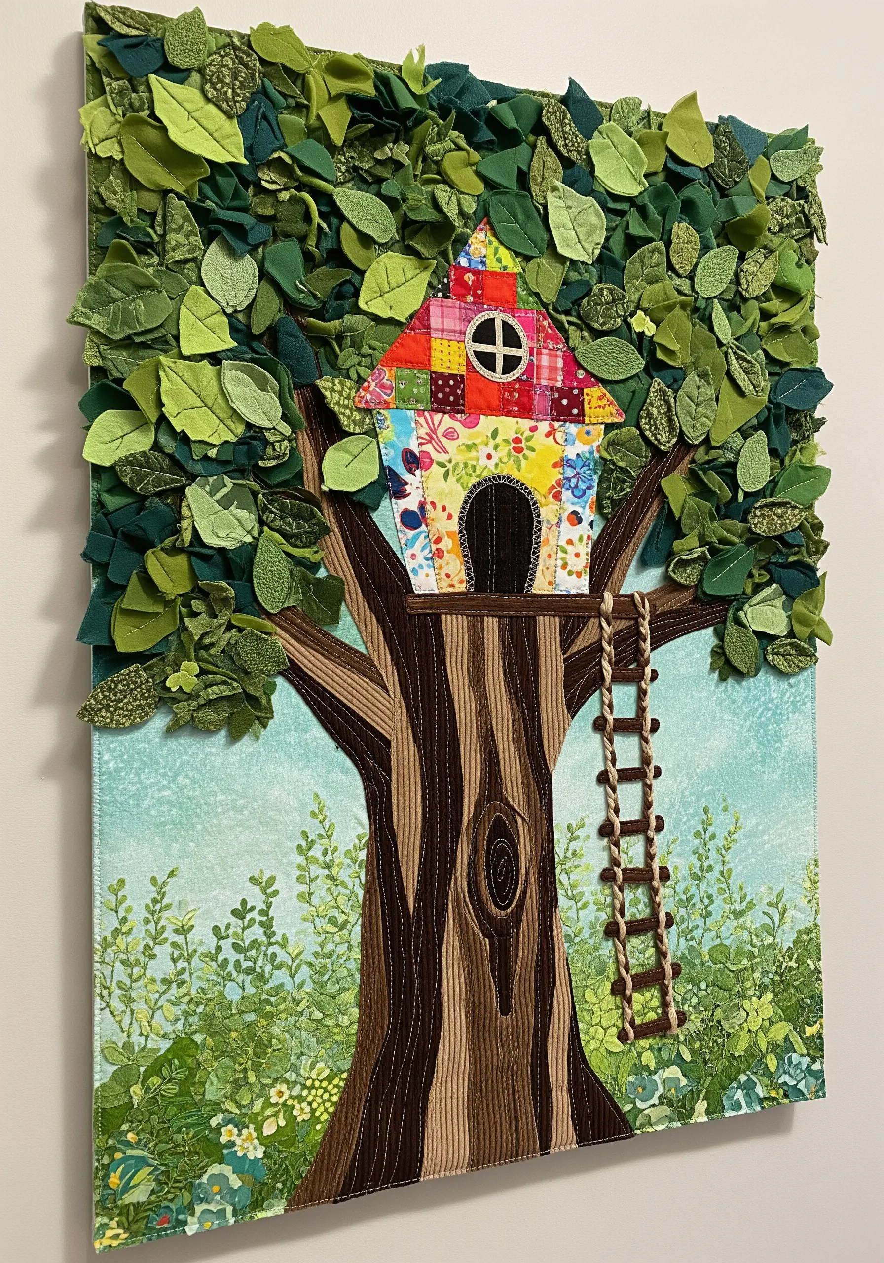 Fabric collage of a treehouse with a canopy made of many small, layered fabric leaves