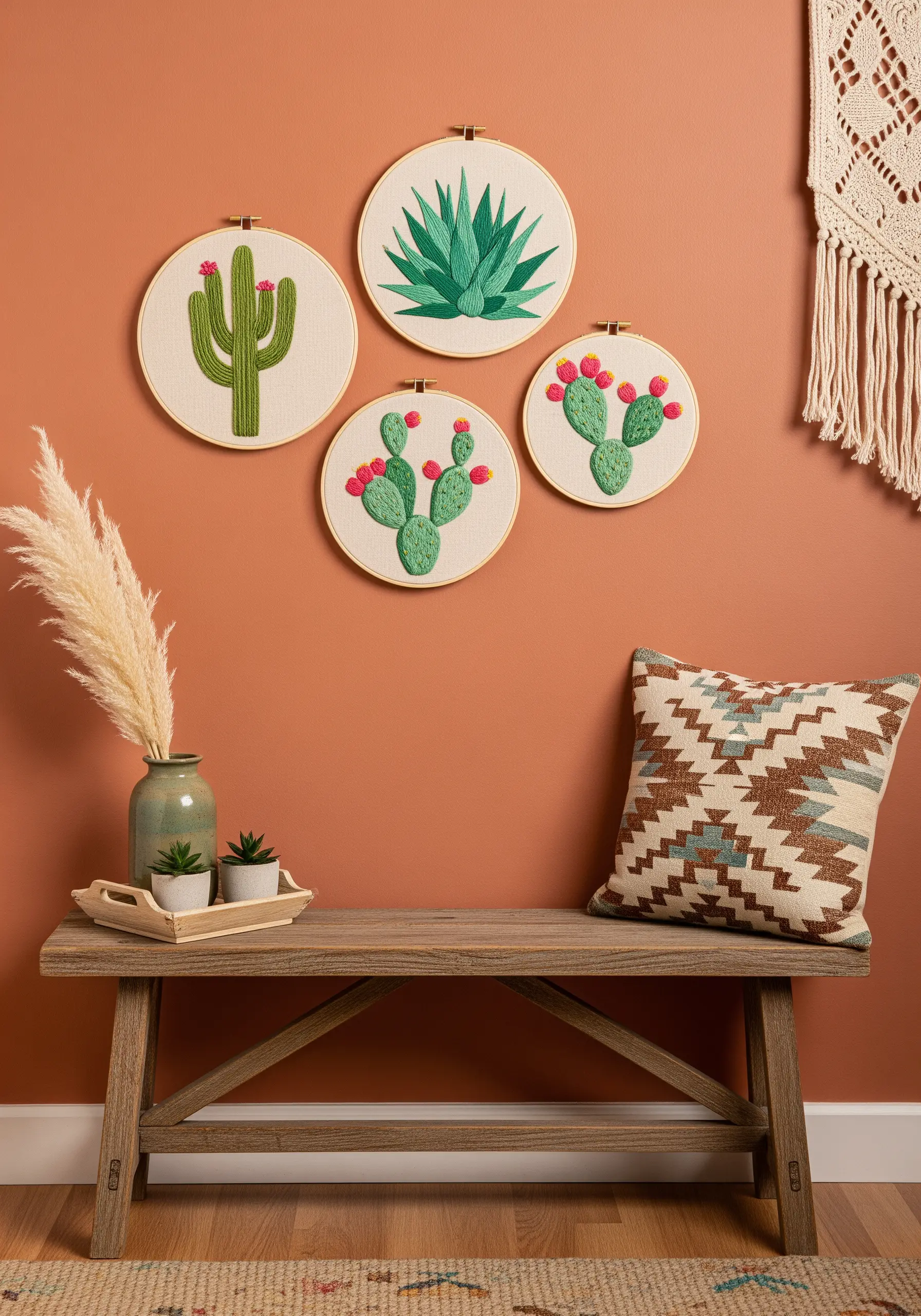 A collection of four embroidery hoops featuring different types of cacti and succulents.