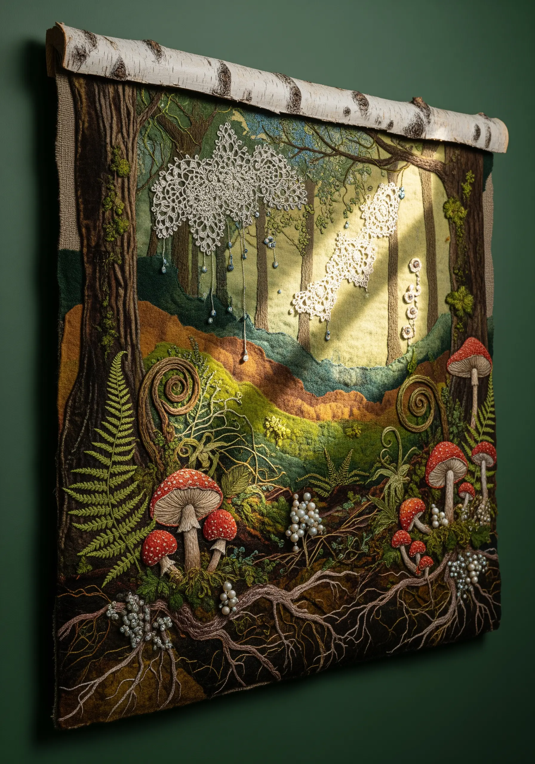 Mixed-media forest tapestry with embroidered mushrooms, lace sunlight, and beaded details.