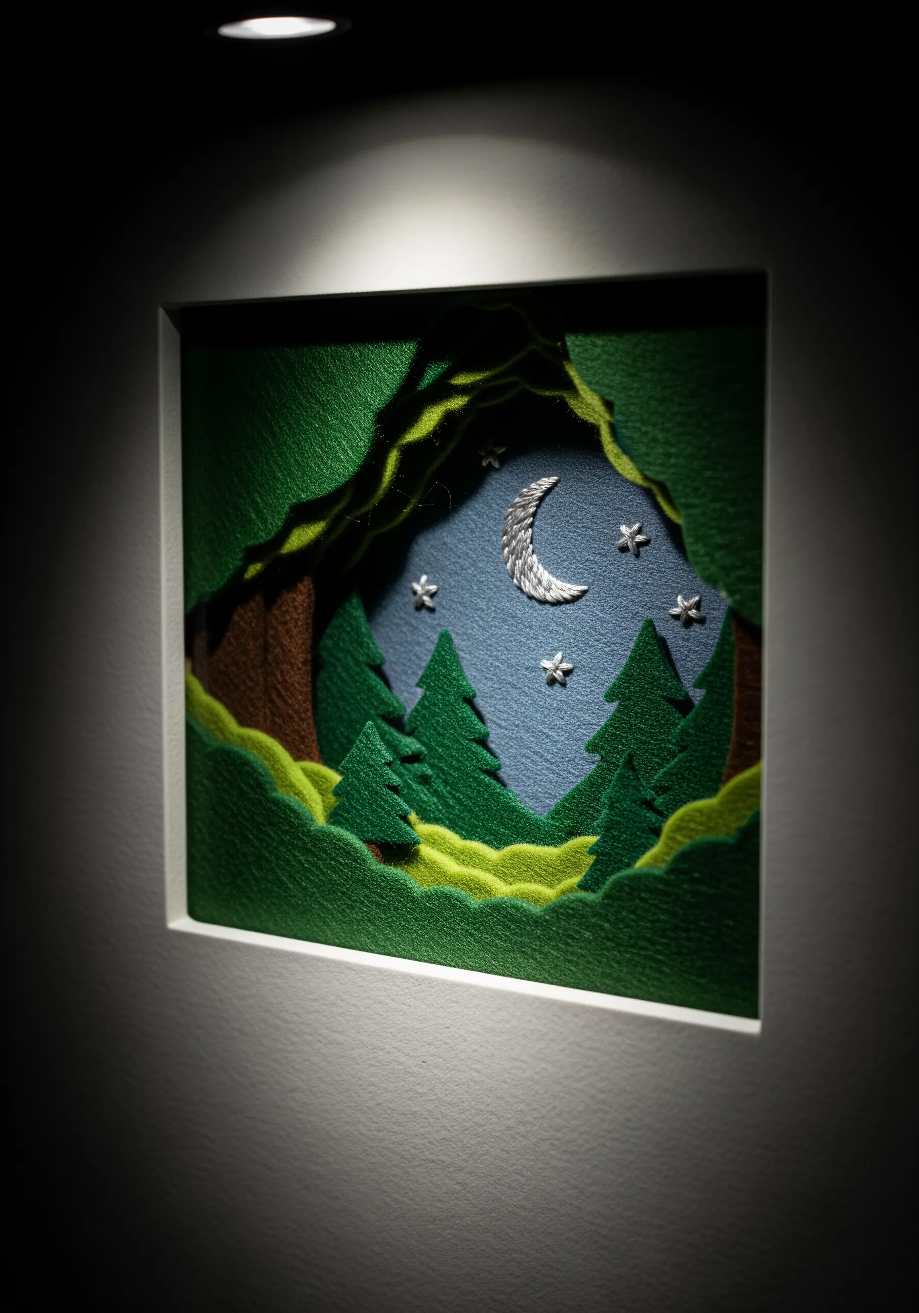 A 3D layered felt diorama of a forest night scene inside a deep frame.