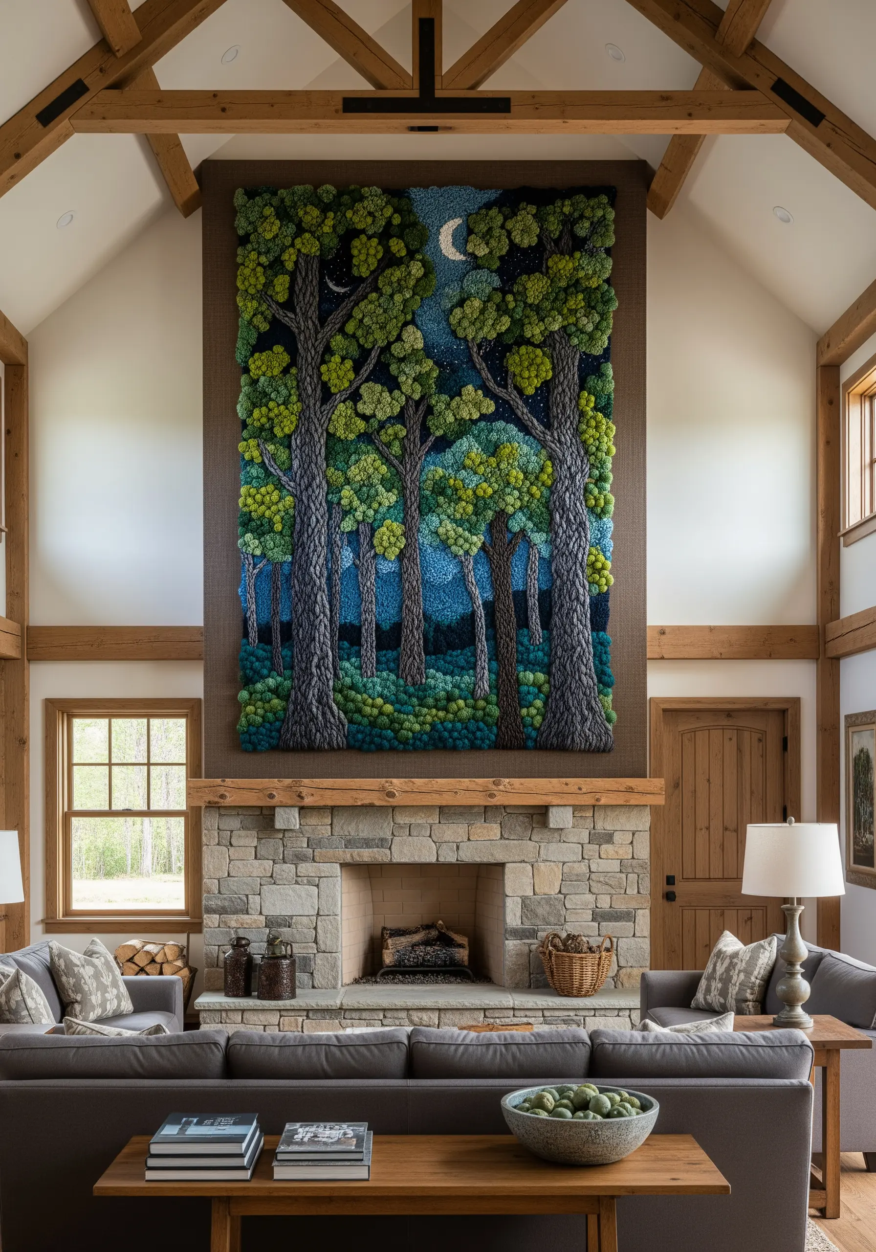 Large, highly textured embroidery of a forest scene with dense French knot foliage.