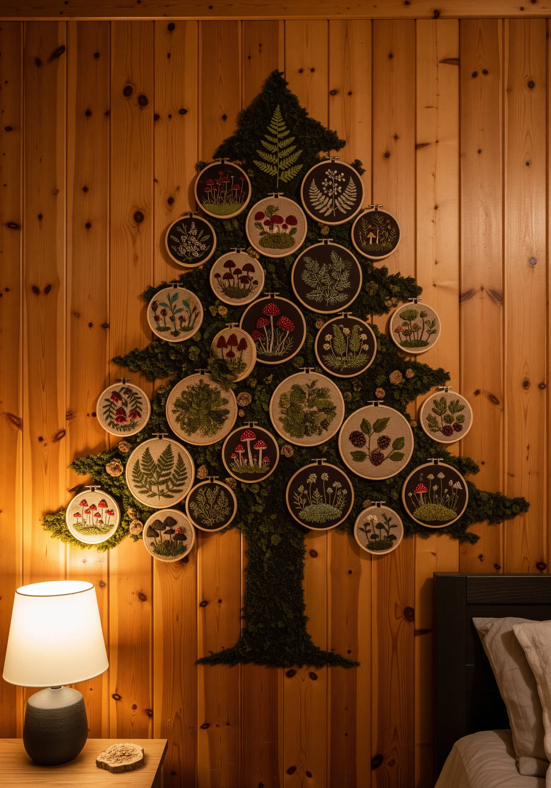 Embroidered hoops of forest botanicals arranged in a Christmas tree shape on a moss background.