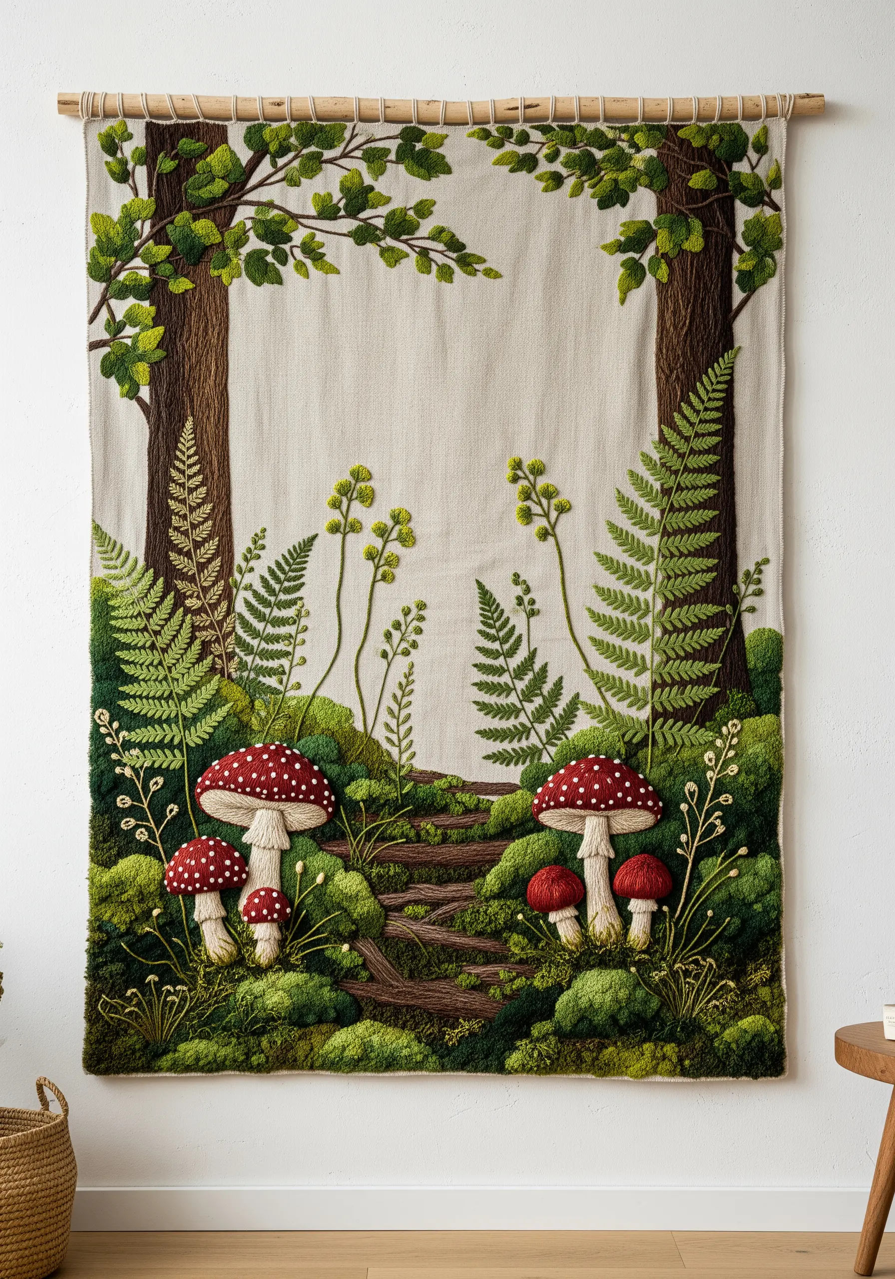 Large embroidered forest tapestry with dimensional moss, ferns, and mushrooms.