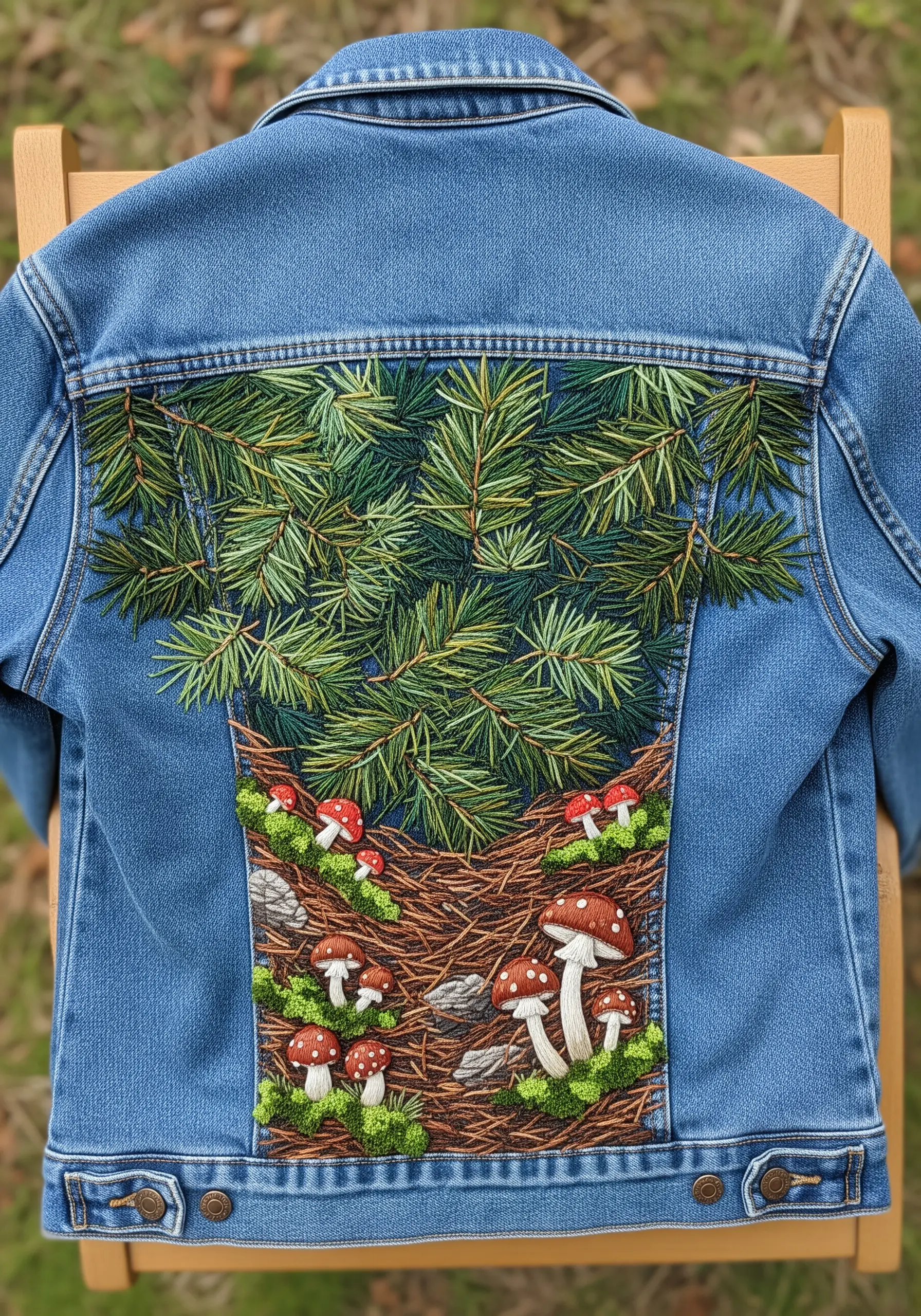 The back panel of a denim jacket embroidered with a detailed forest floor scene, including pine needles and mushrooms.