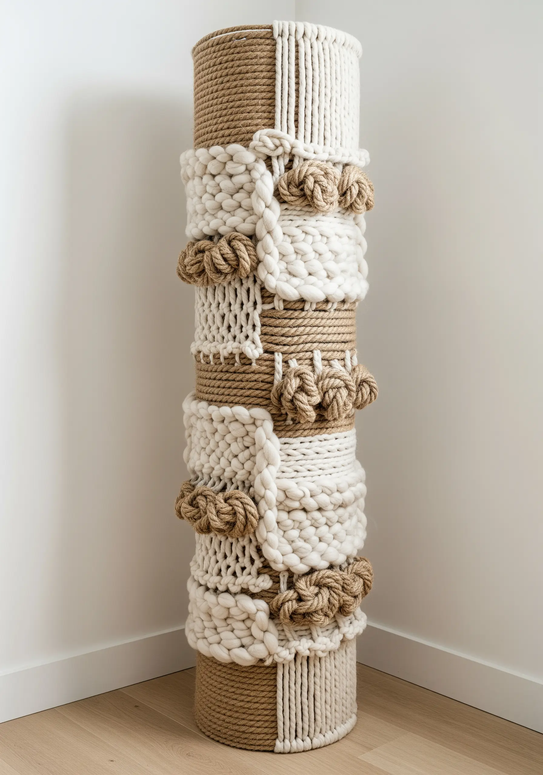 A freestanding cylindrical sculpture wrapped in sections of jute, macrame, and chunky knots.