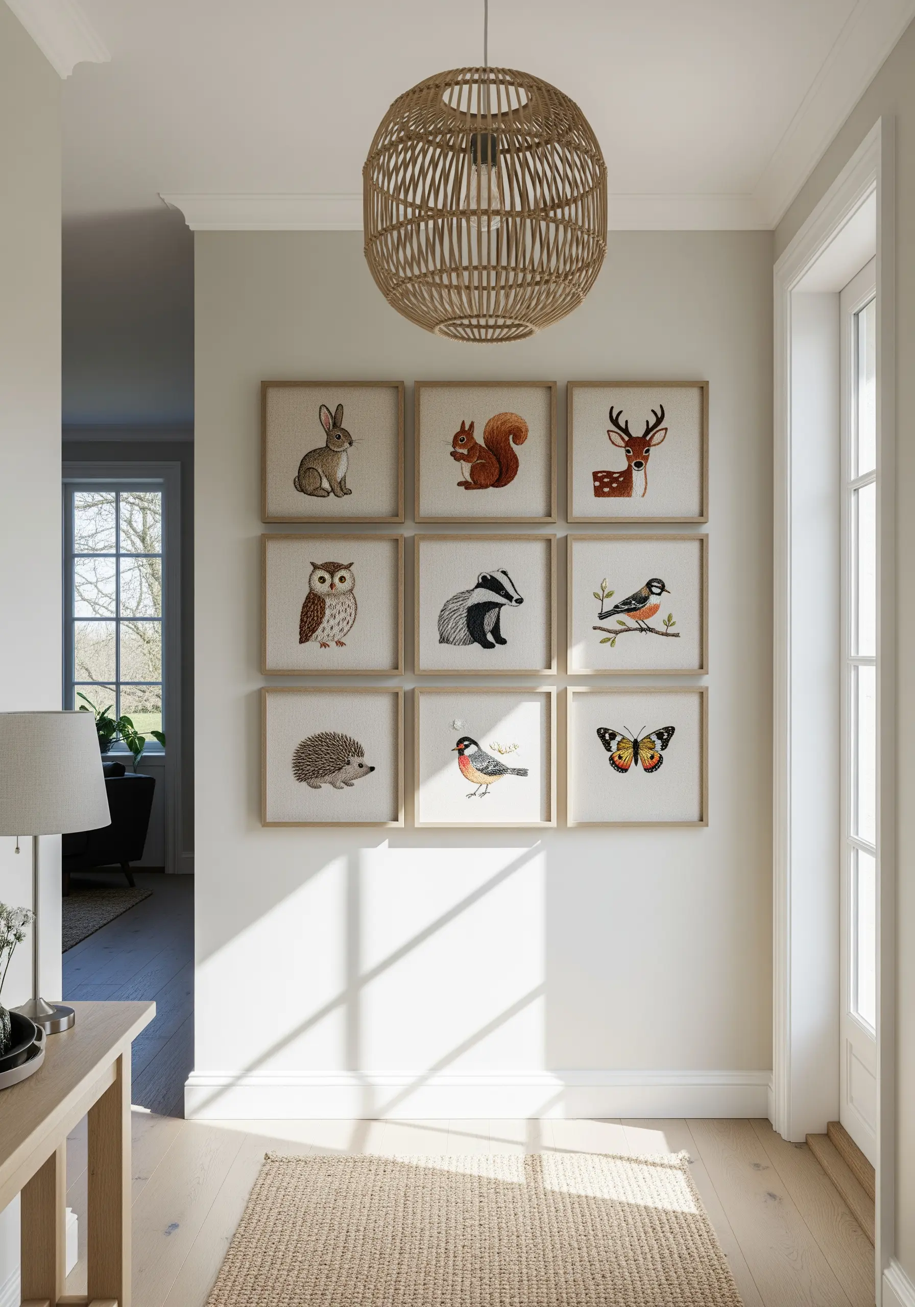 A nine-square grid of framed embroideries featuring different woodland animals.