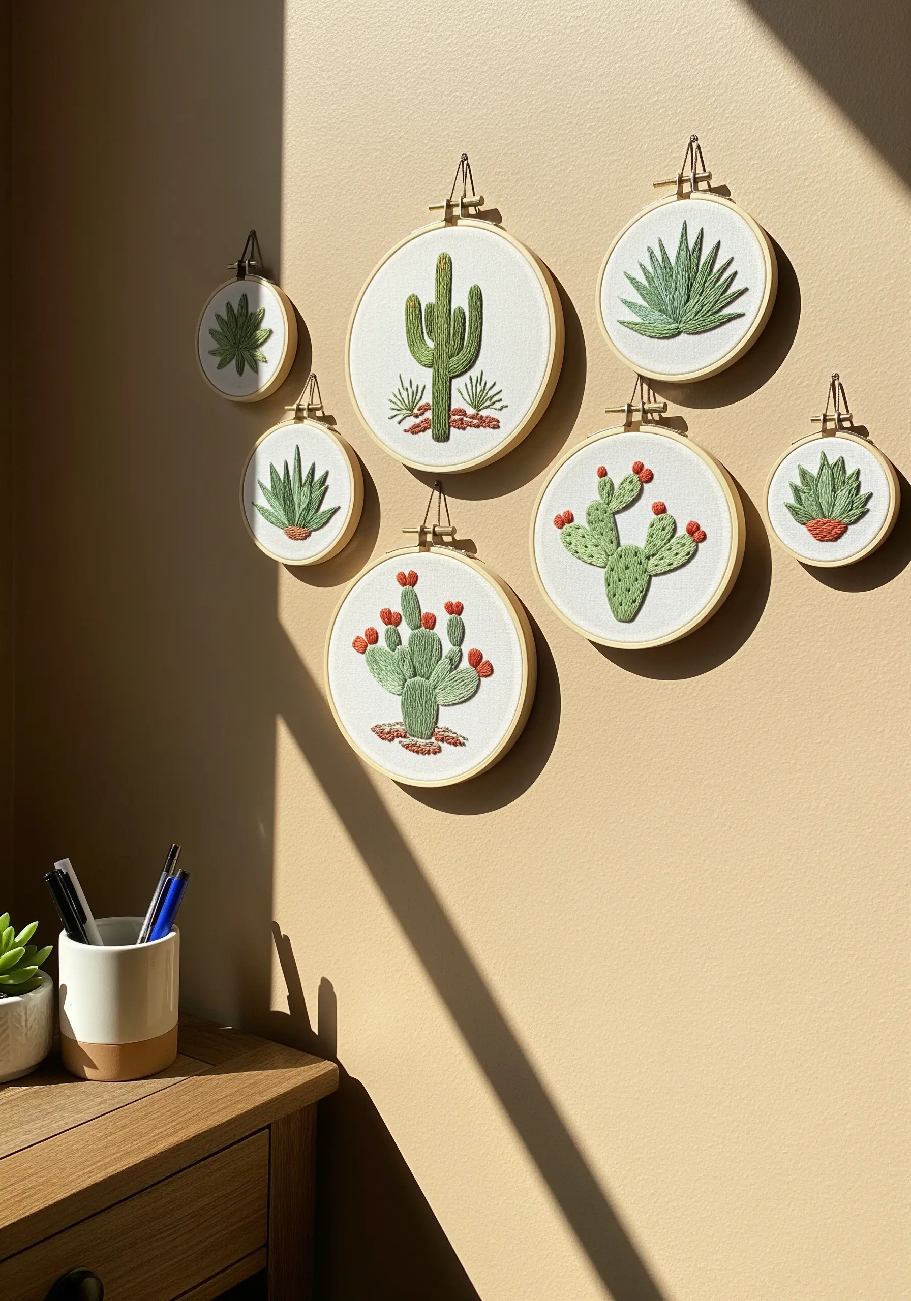A gallery wall of seven embroidery hoops, each featuring a different type of cactus or succulent.