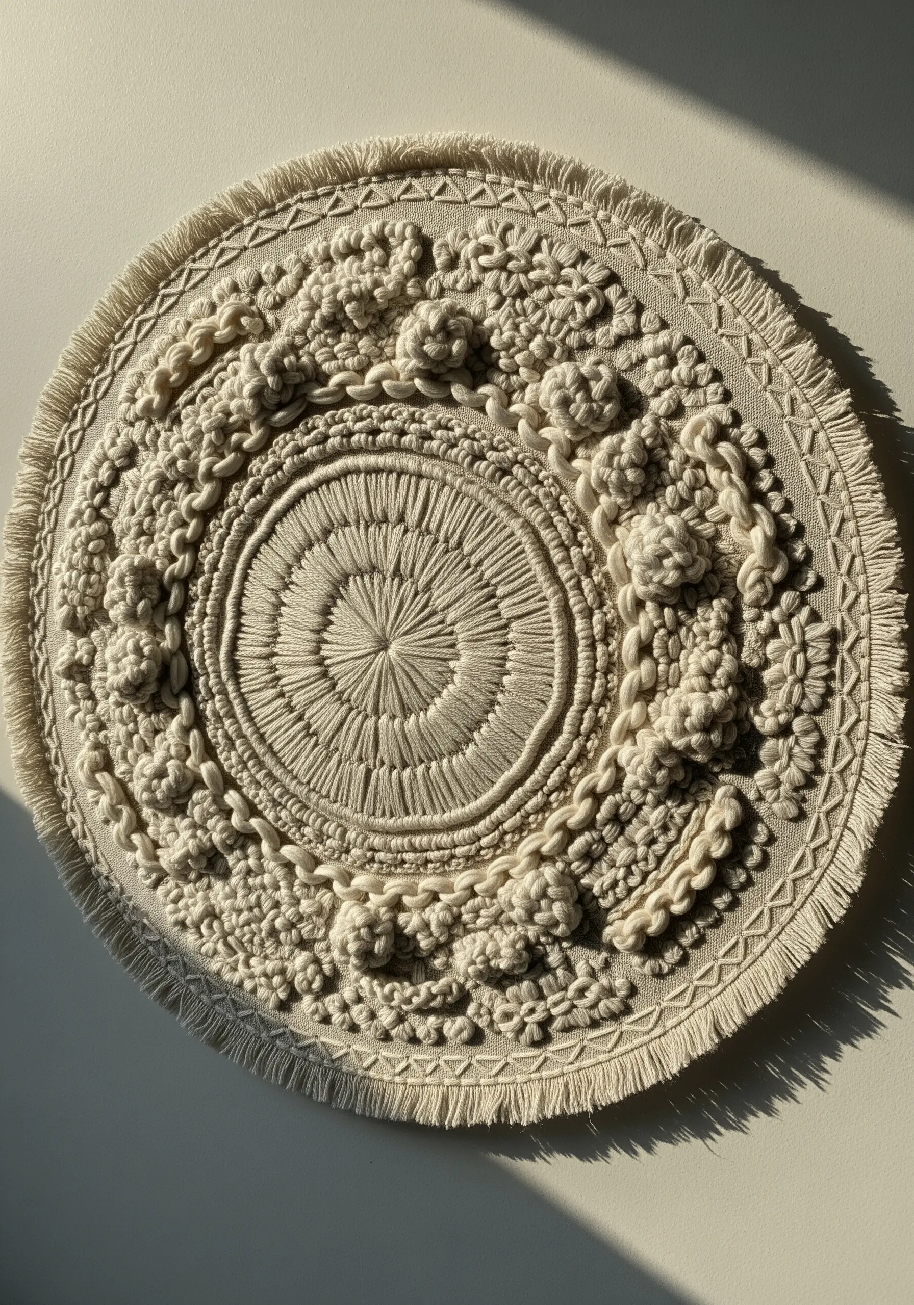 Highly textured, monochrome white mandala with French knots, woven picots, and raised stitches.