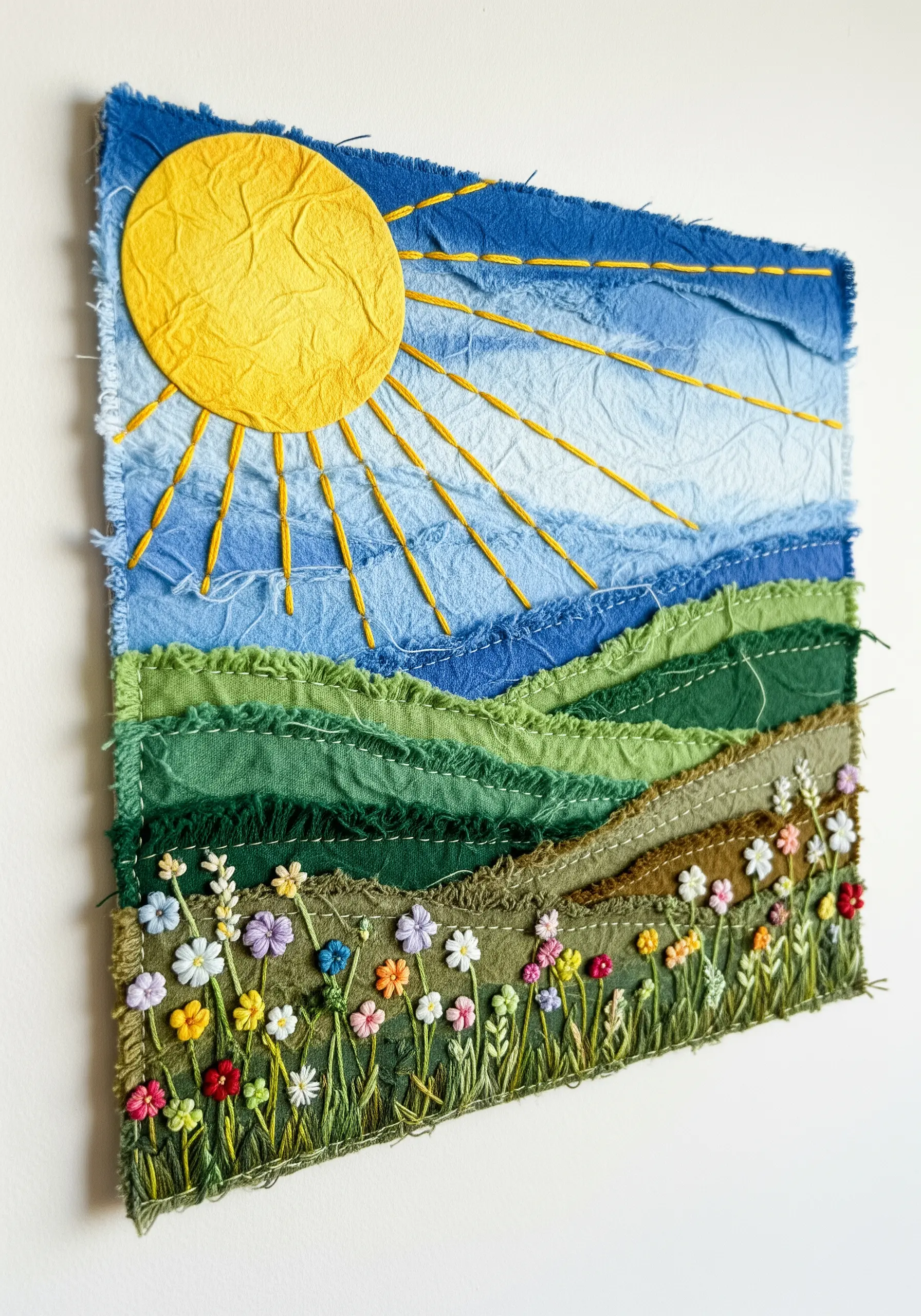 Landscape art made from layered fabric strips with embroidered flowers and a textured paper sun.