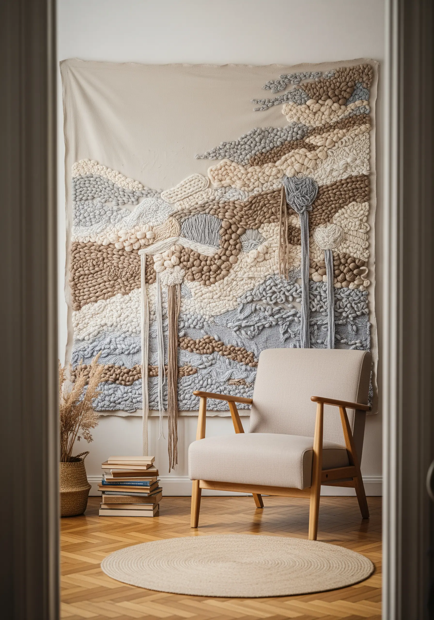 A large, textural wall hanging made with different yarns to resemble a landscape.