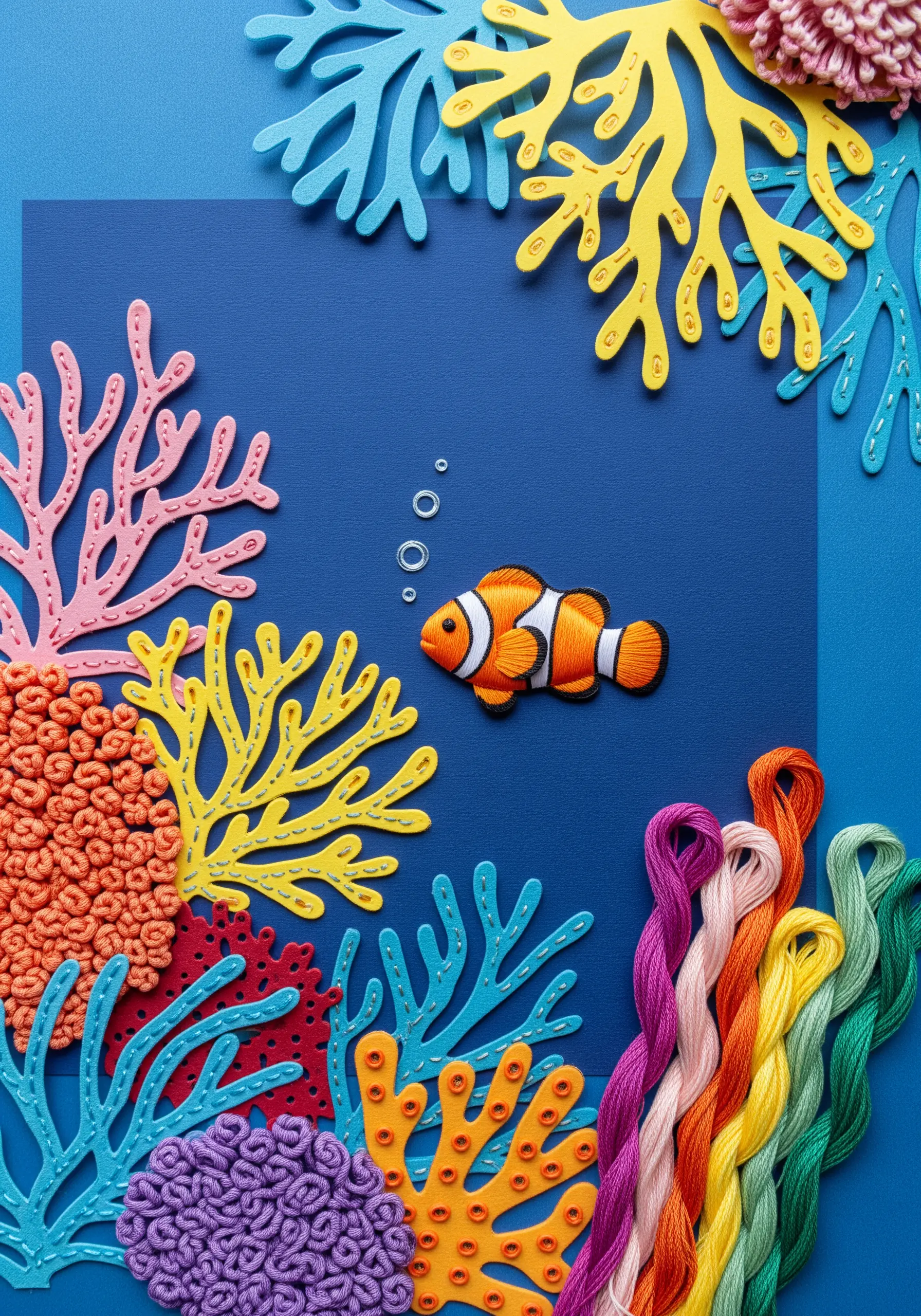A layered collage of an ocean scene with an embroidered fish and paper-cut coral.