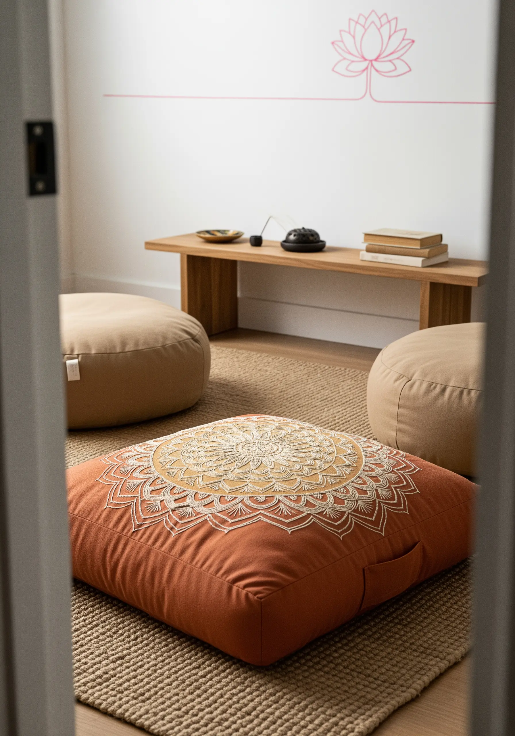 A burnt-orange floor cushion featuring a large embroidered mandala with a cream-to-yellow gradient.