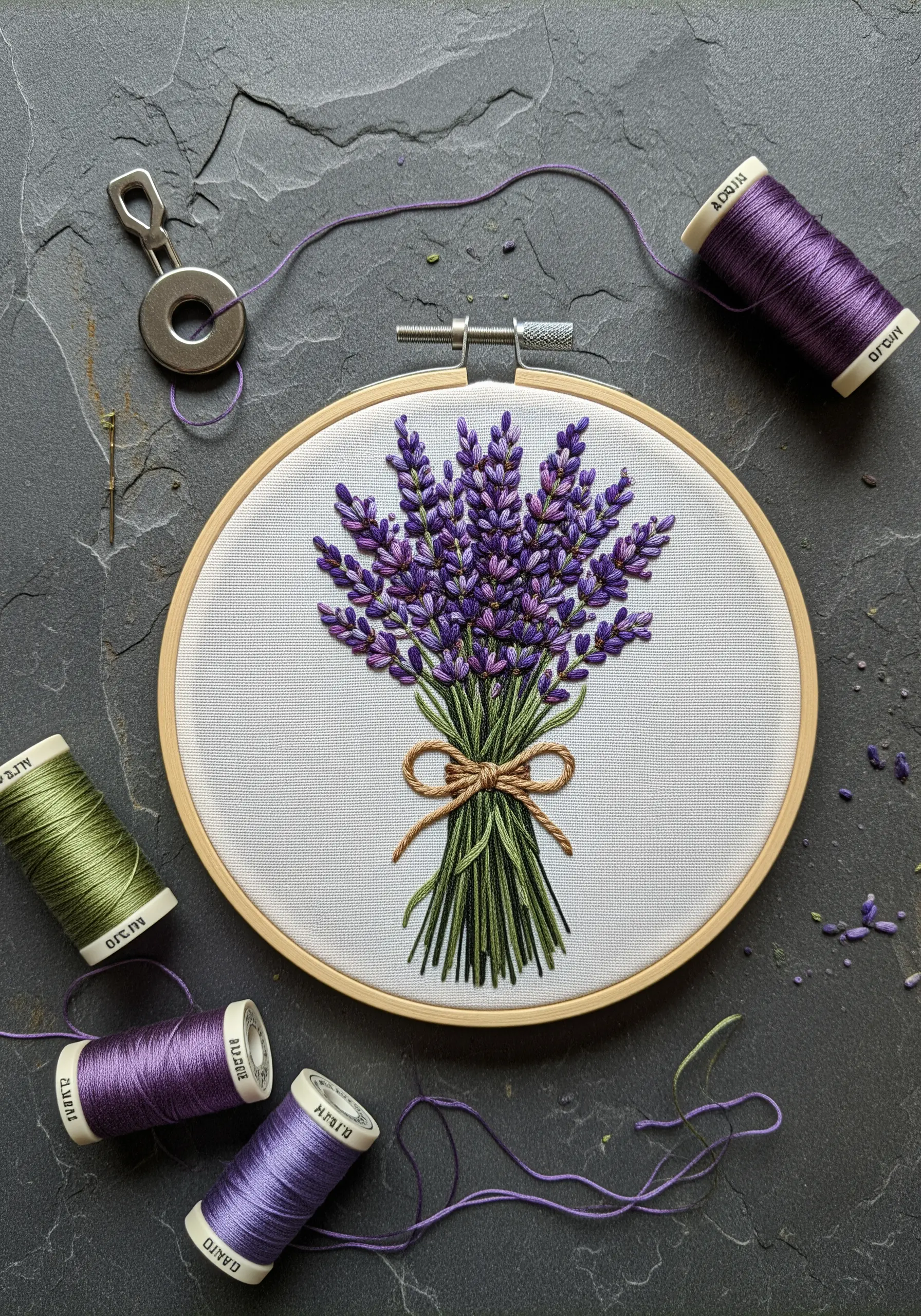 A dense, textured bouquet of lavender tied with a jute bow in an embroidery hoop.