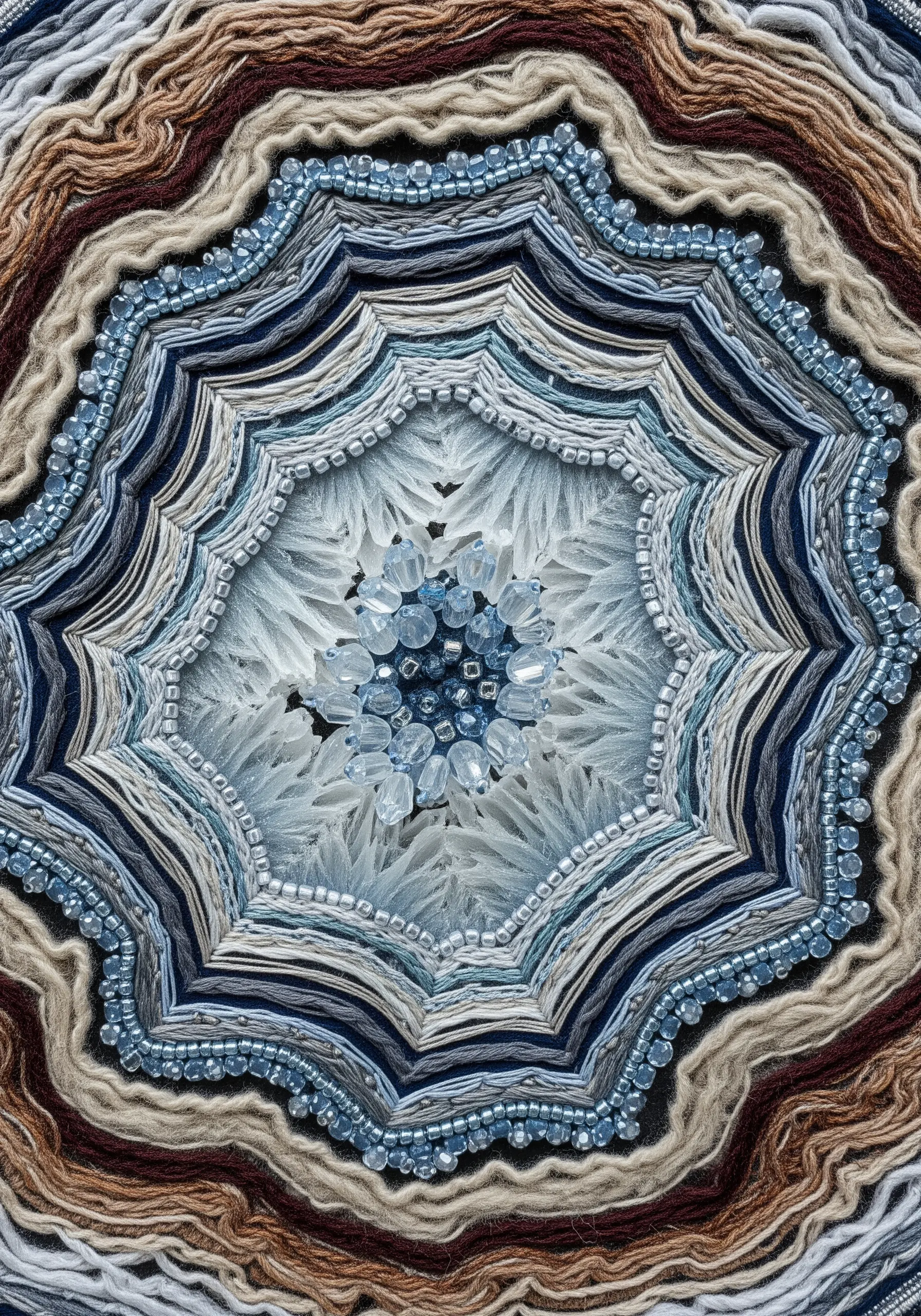 A detailed, textural mandala with rings of beads, yarn, and tufted stitches in earthy and blue tones