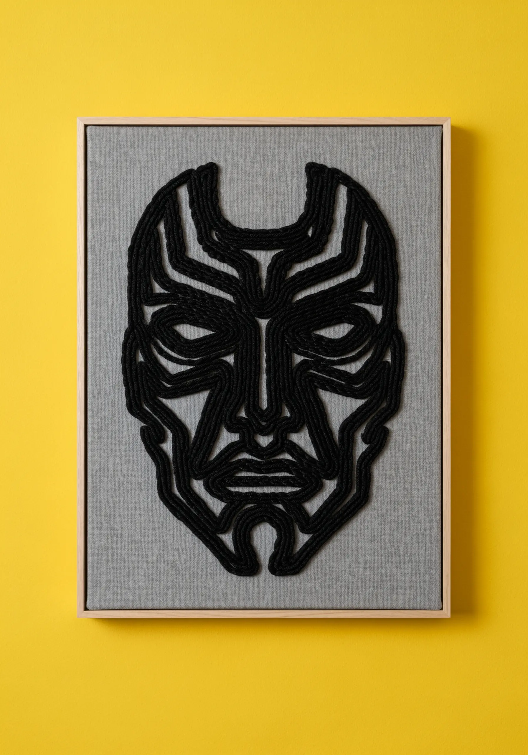 A tribal-style mask made from thick, layered black cord on a grey canvas.