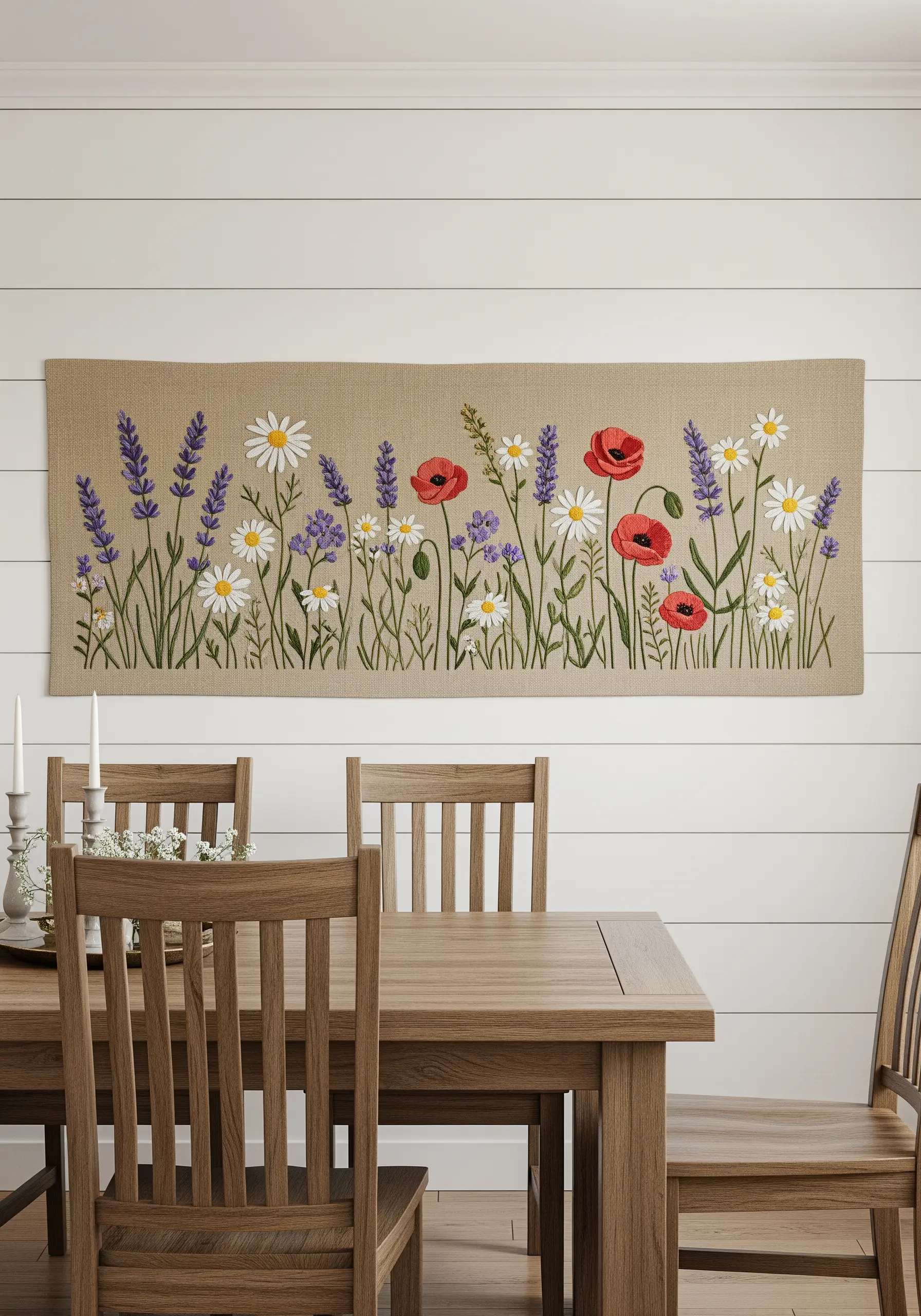 A long embroidered tapestry of a wildflower meadow with lavender, daisies, and poppies.