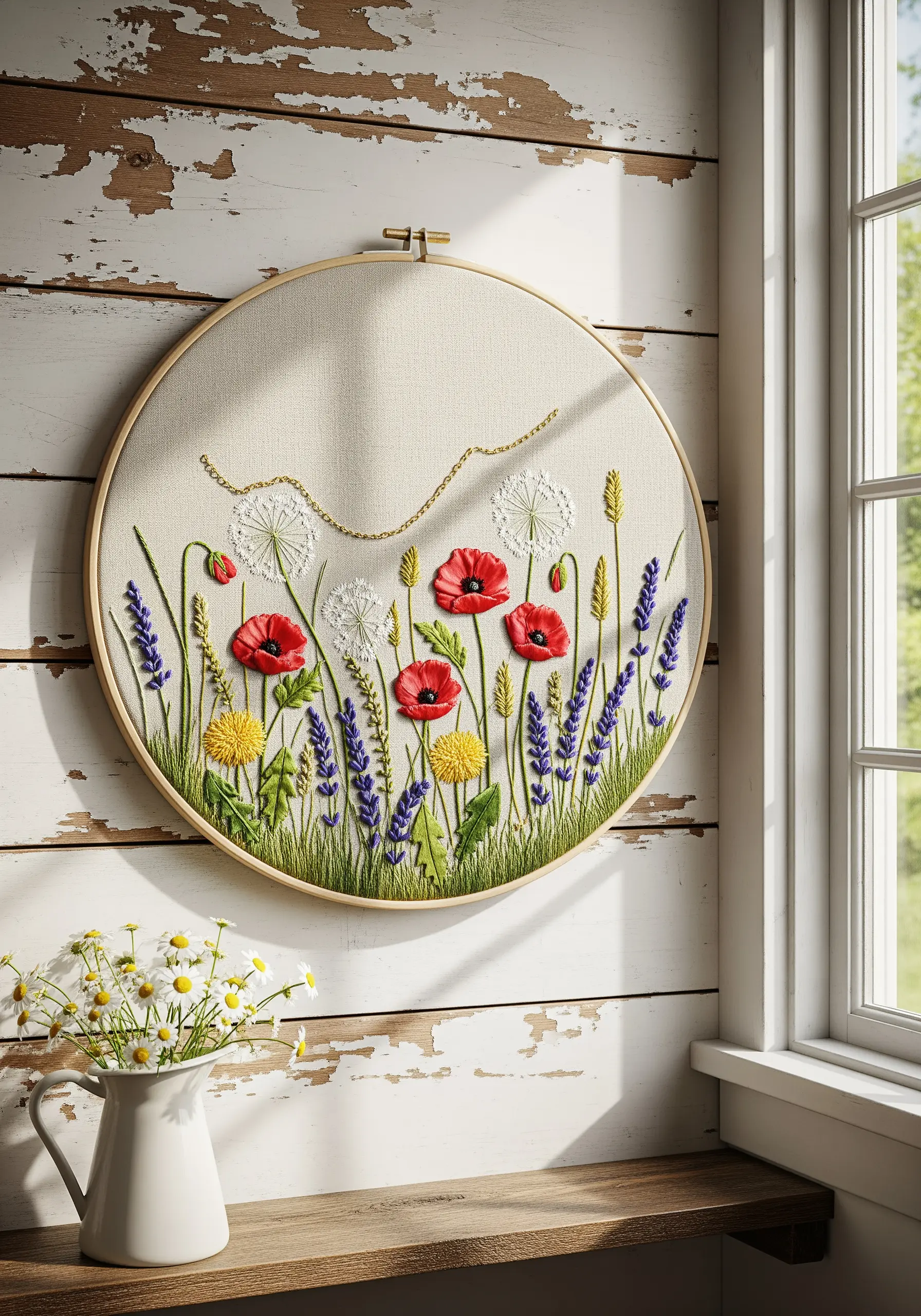 Embroidery hoop with 3D poppies, lavender, and dandelions on a rustic wall