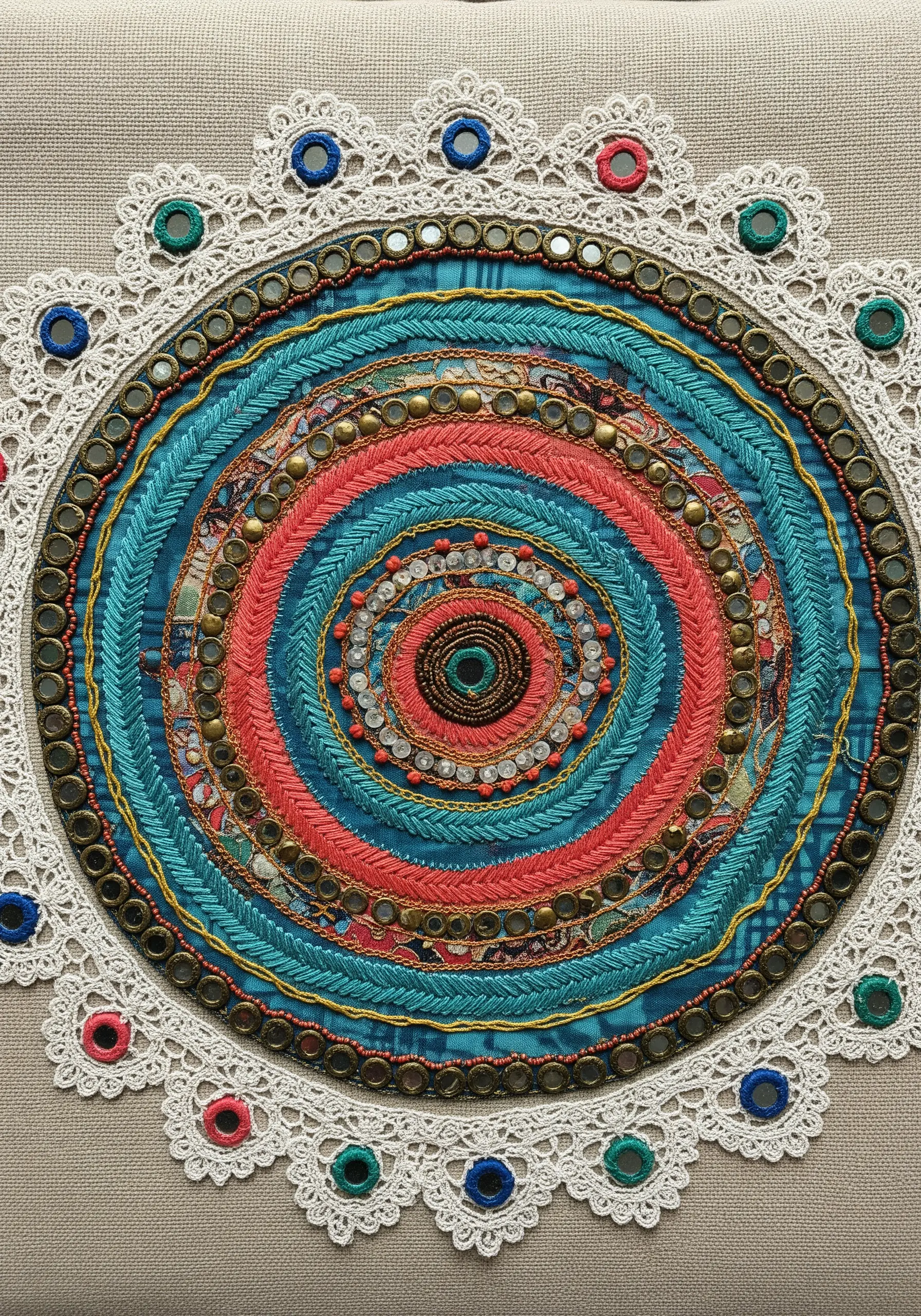 A colorful, textured mandala with concentric rings of thread, beads, studs, and shisha mirrors.