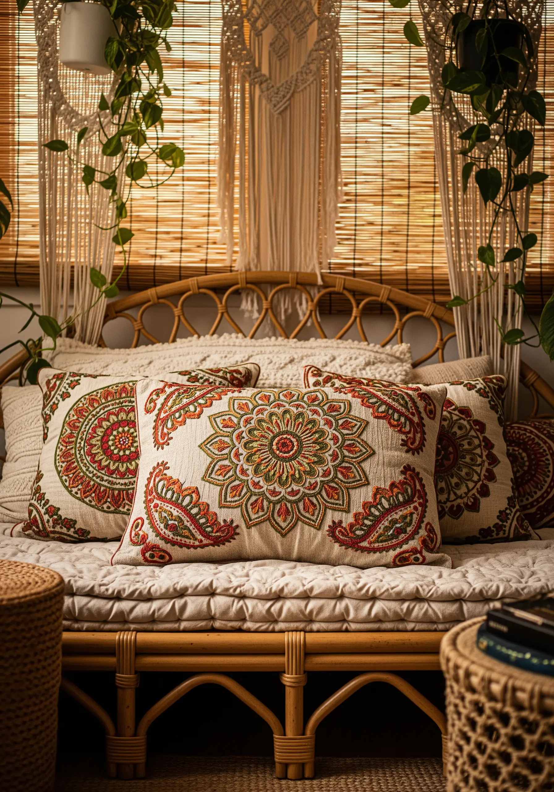 Intricate mandala embroidery with floral and paisley motifs in warm earth tones.