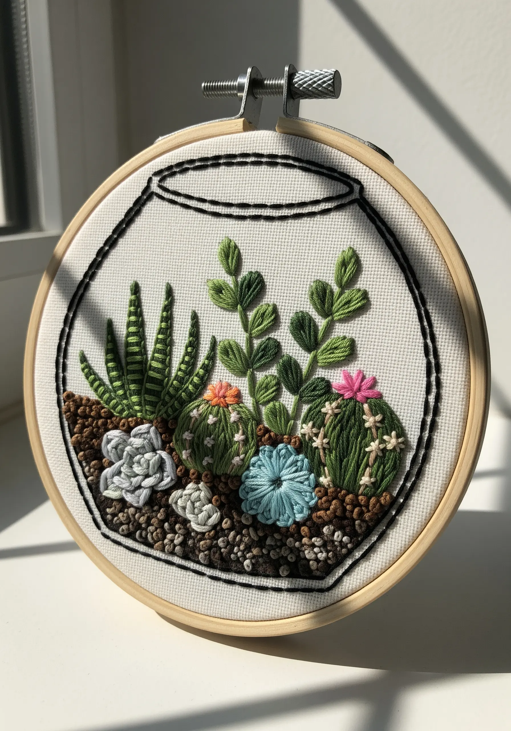 An embroidered terrarium in a hoop, filled with various 3D succulent and cacti stitches.