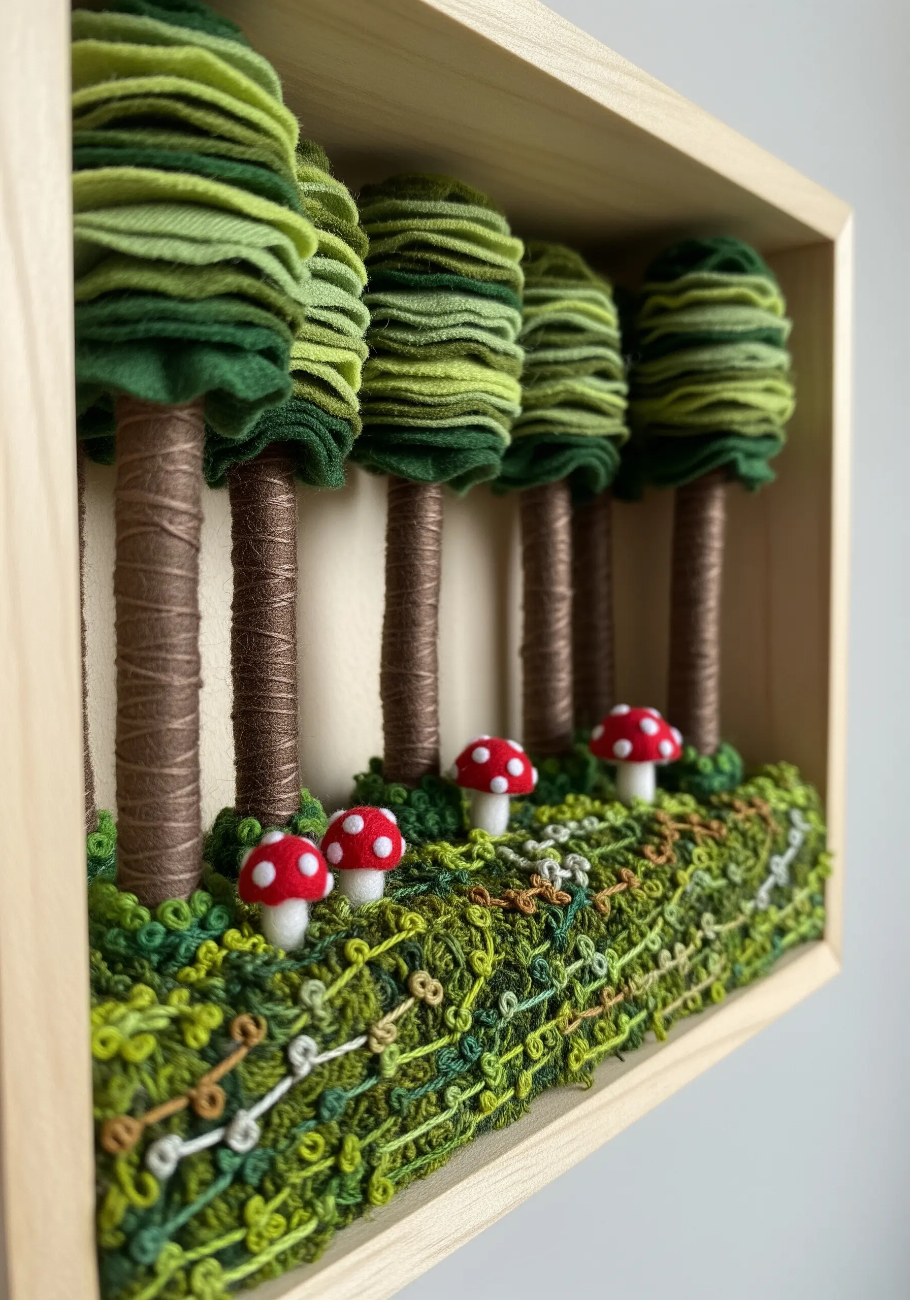 A 3D forest scene in a shadow box with fabric trees and an embroidered mossy floor.