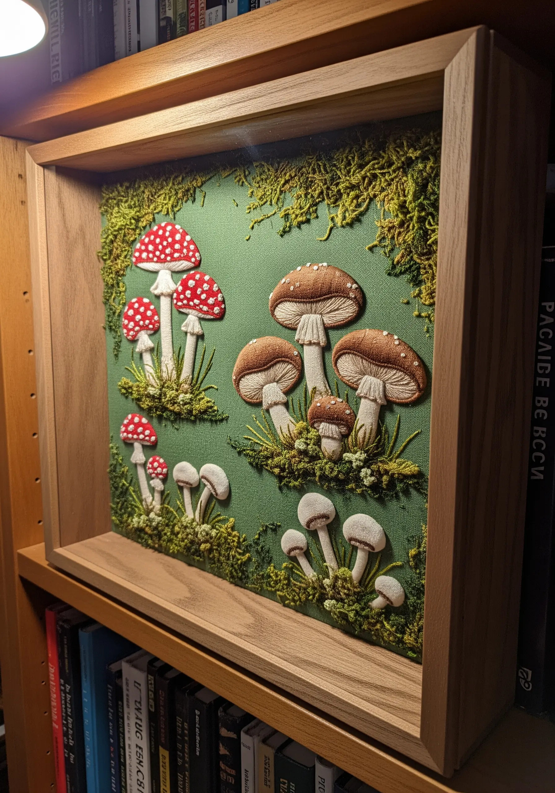 A 3D embroidered diorama of mushrooms and moss displayed in a deep wooden frame.