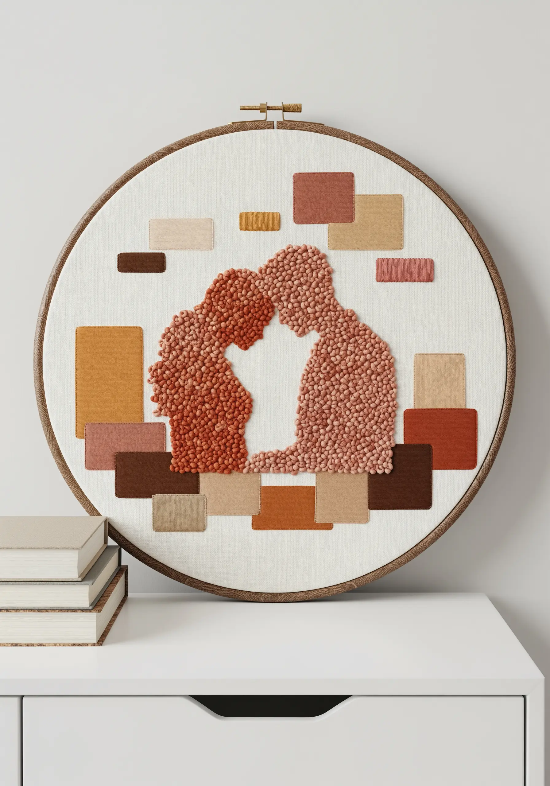 Couple silhouette filled with French knots, surrounded by geometric fabric appliqué shapes.