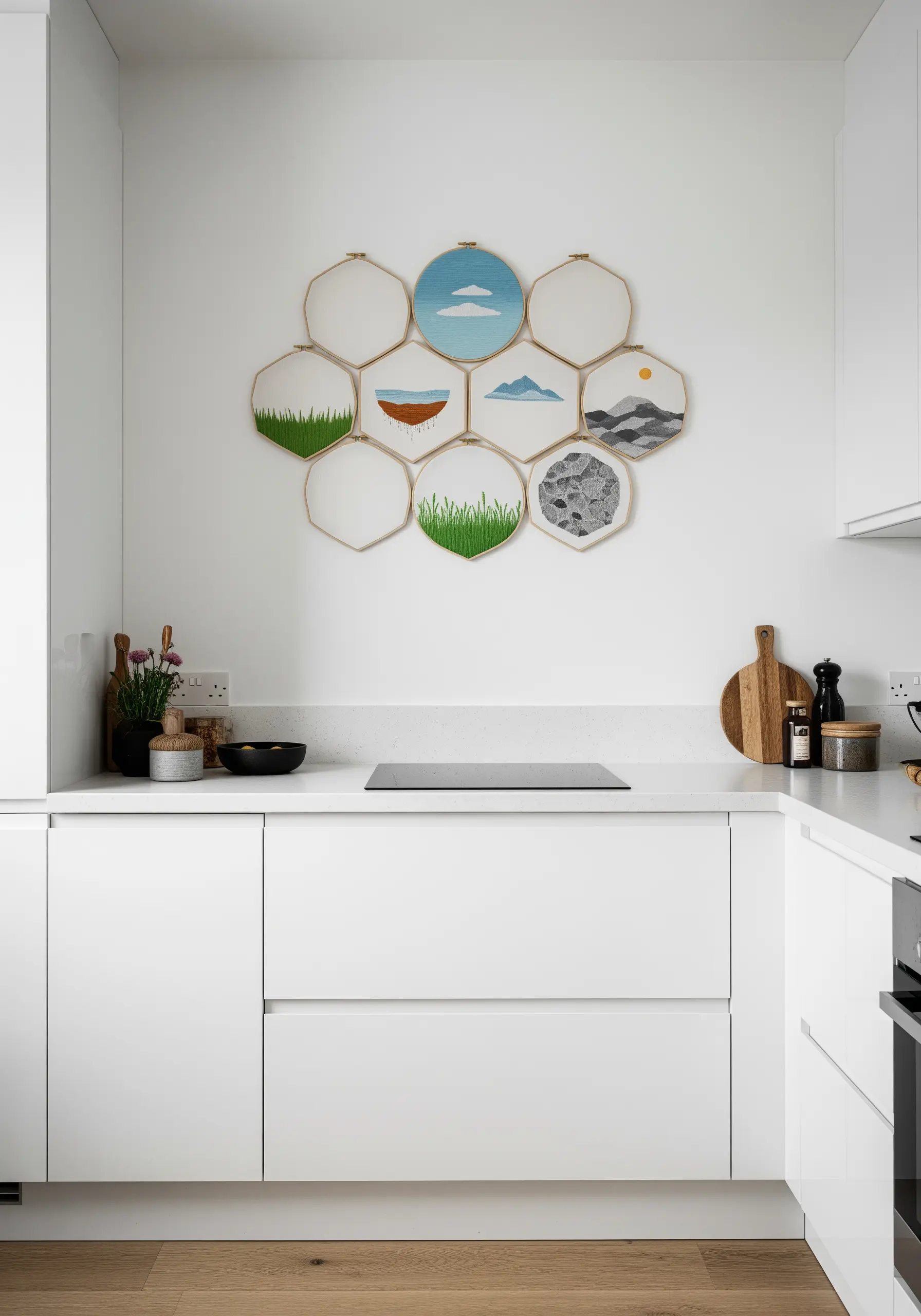 A honeycomb arrangement of hexagonal embroidery hoops, each with a small piece of a landscape.