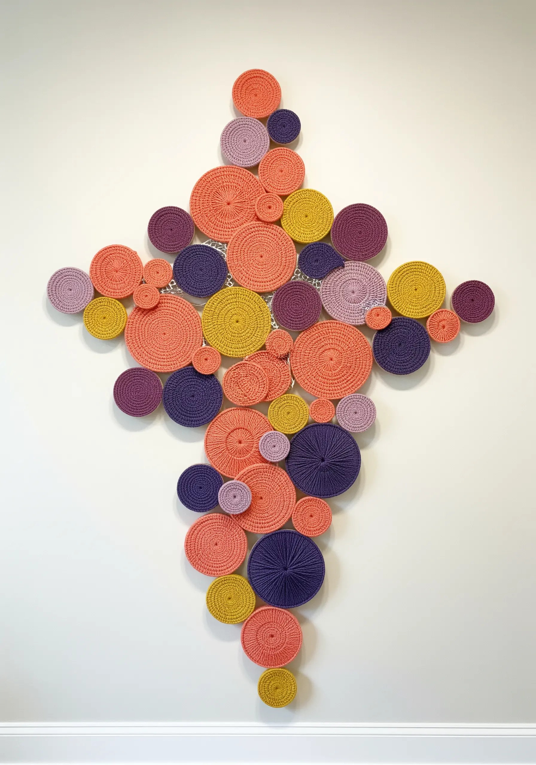 A wall installation made of many overlapping crocheted circles in coral, purple, and yellow