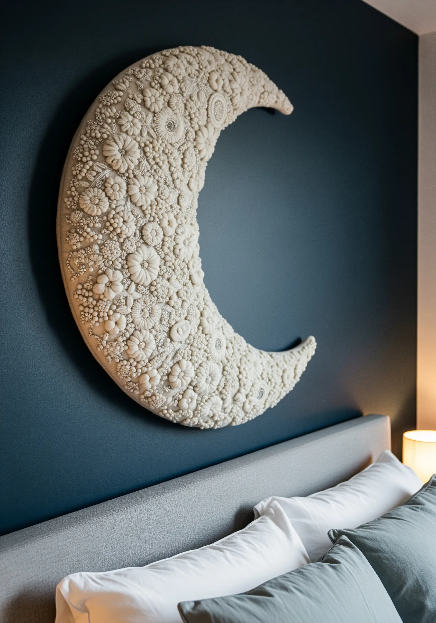A large, crescent moon wall sculpture covered in white and cream dimensional embroidery.