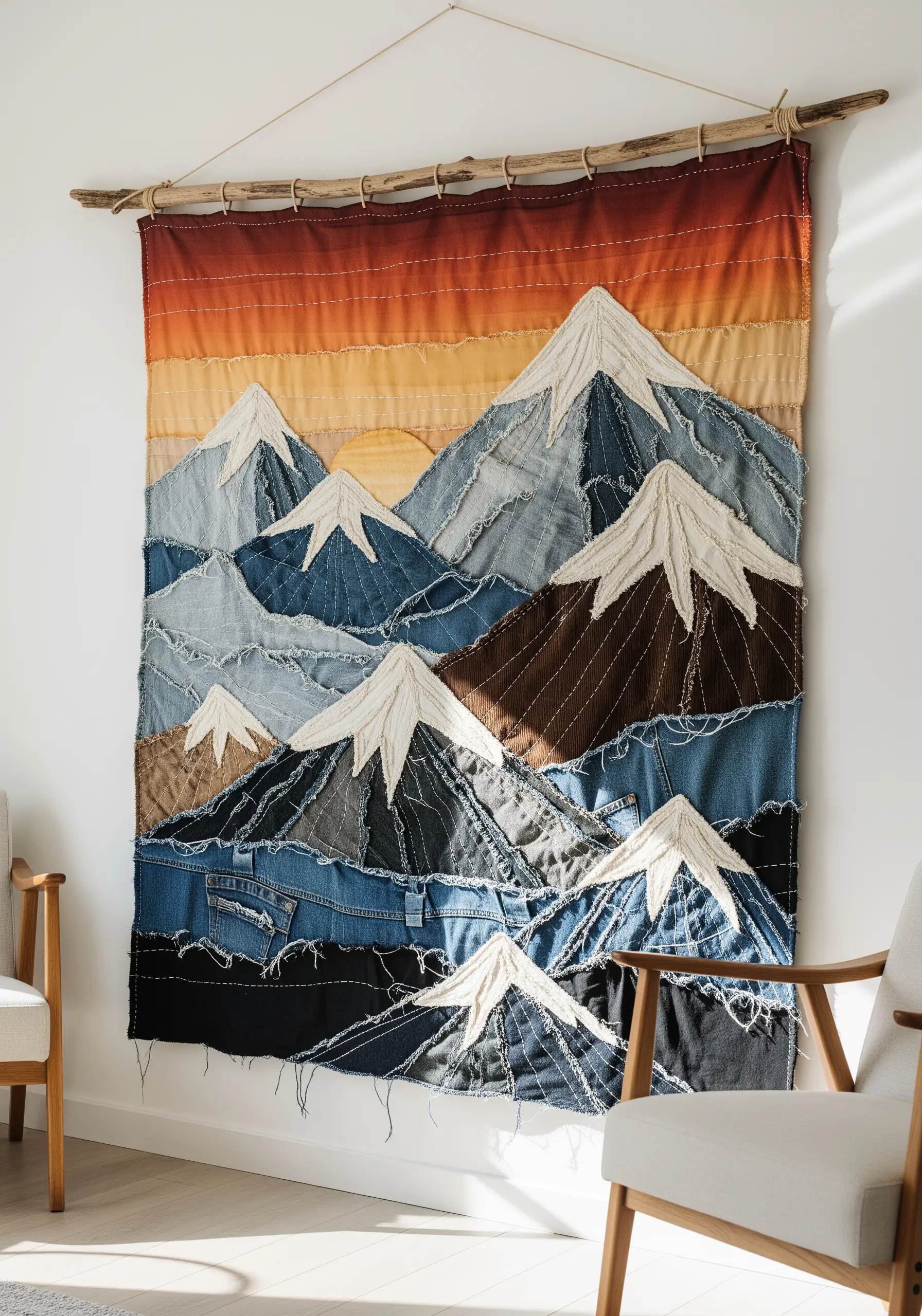 Large wall tapestry of mountains made from layered denim and fabric scraps.