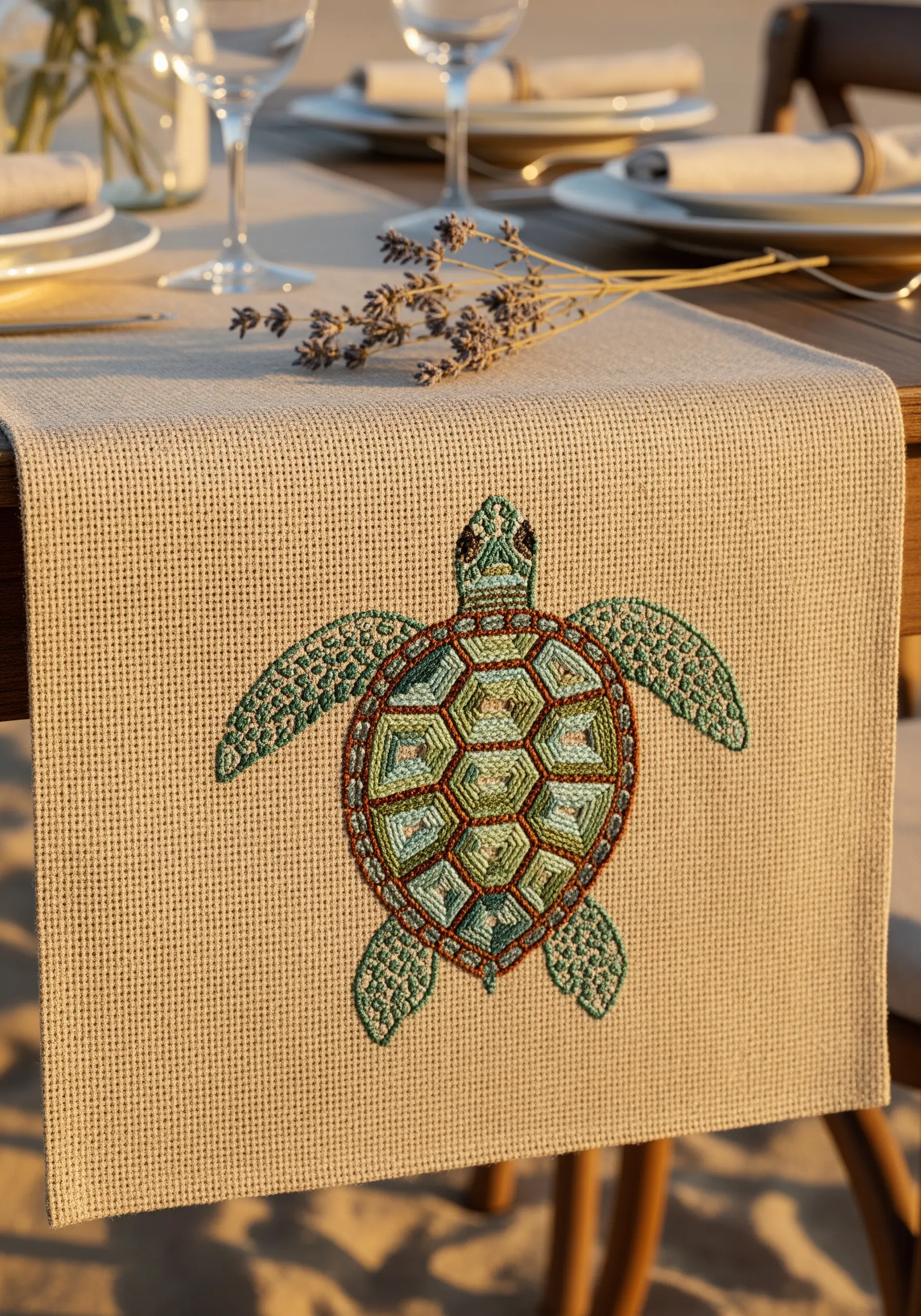 A sea turtle with a multi-textured, mosaic-style shell embroidered on a jute table runner.
