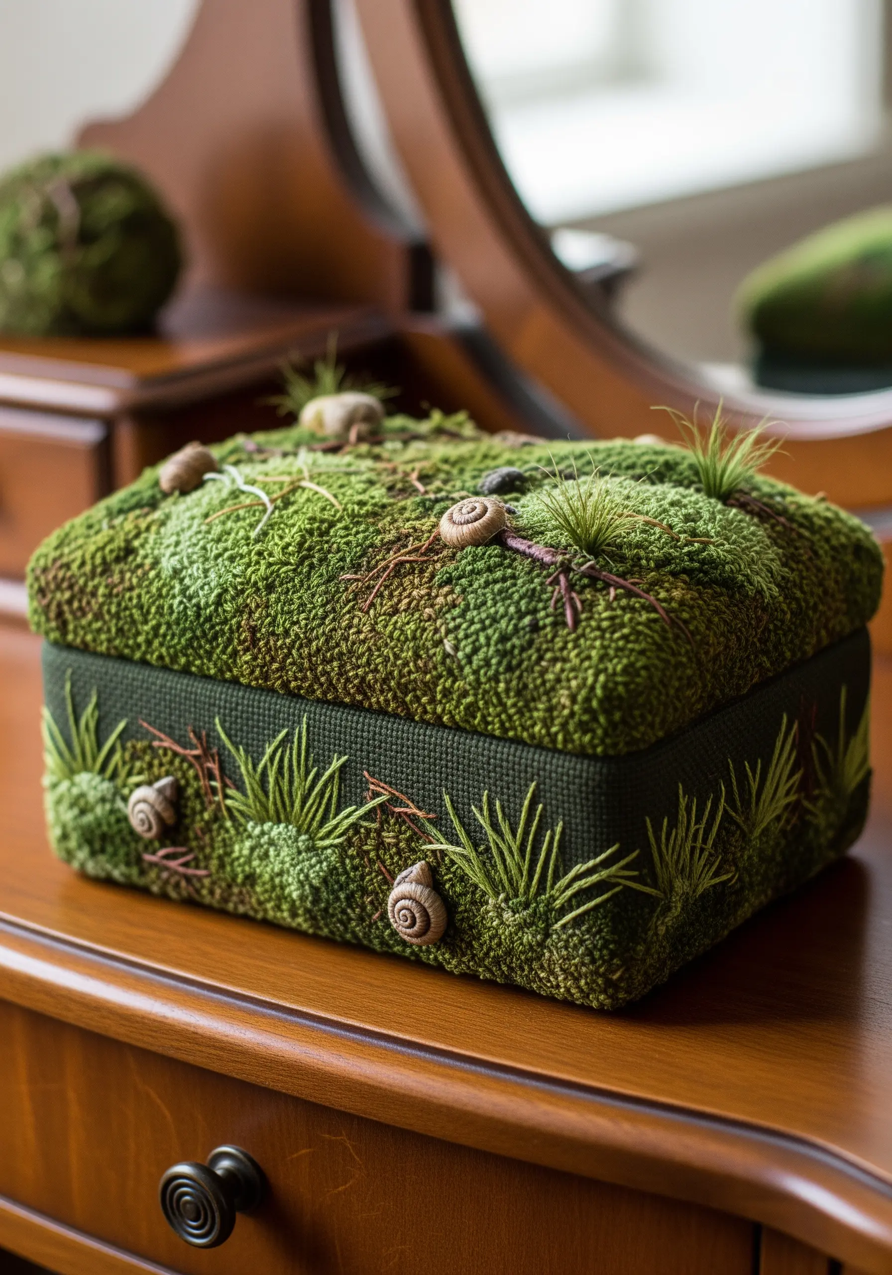 A small box covered entirely in thick, moss-like green embroidery and tiny snail details.
