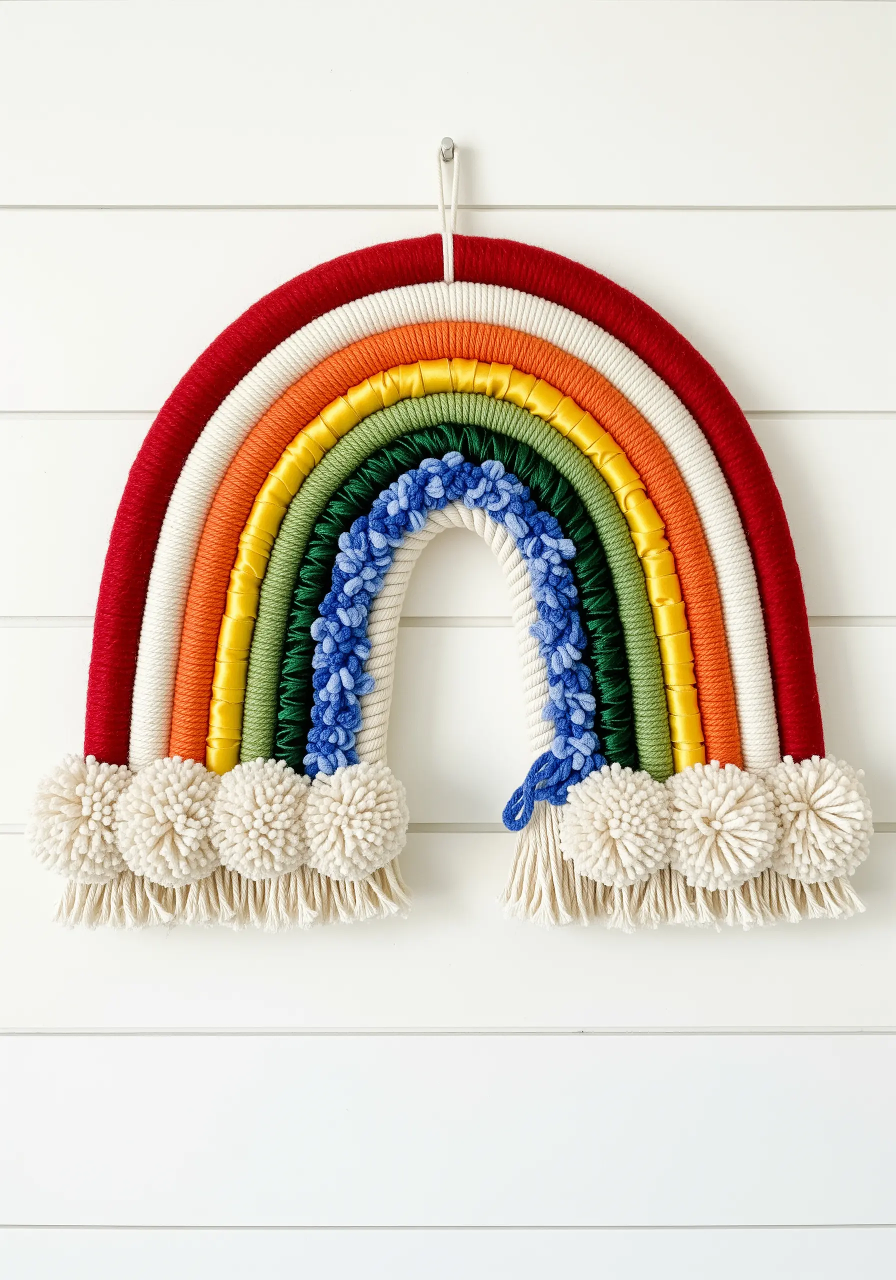 A wrapped rainbow wall hanging with different textures like ribbon, yarn, and chenille.