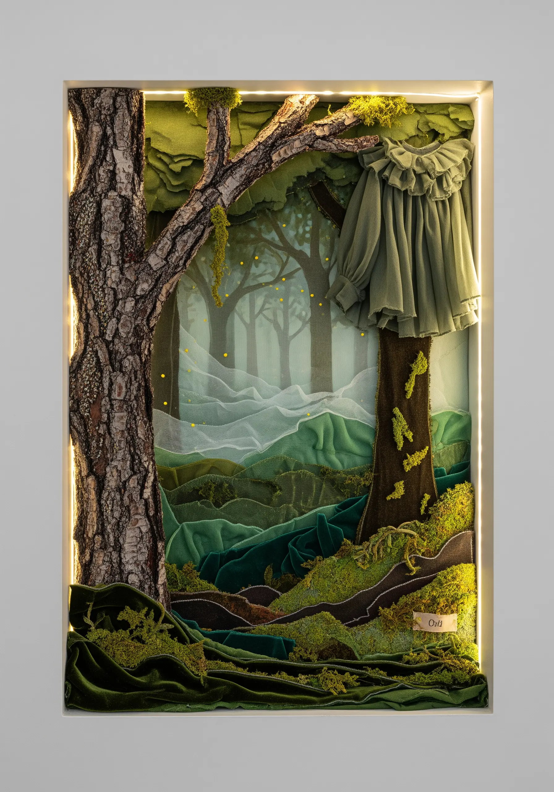 A lit shadow box containing a 3D forest scene made from layered green fabrics and bark.