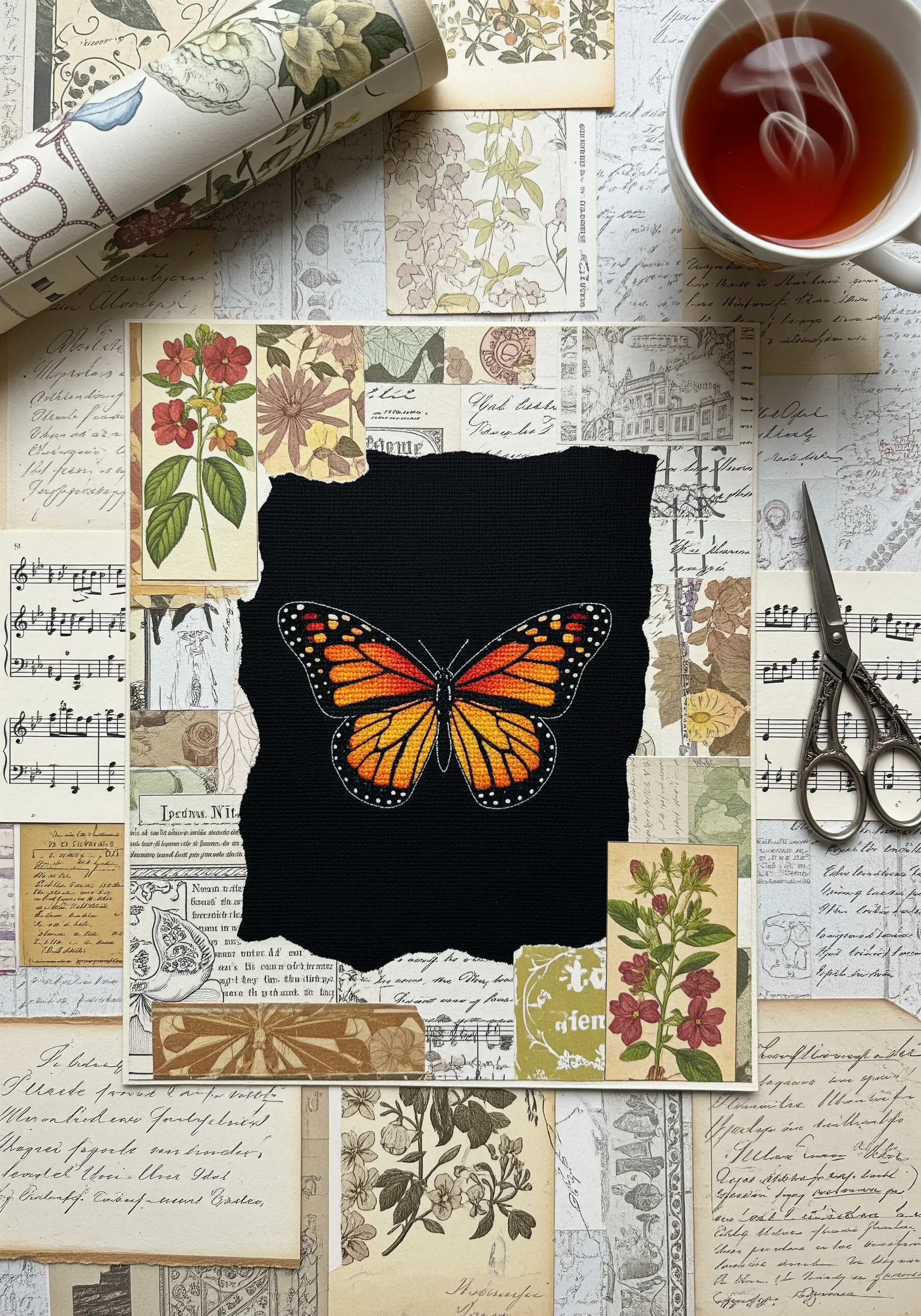 Embroidered monarch butterfly on black fabric mounted on a vintage paper collage.
