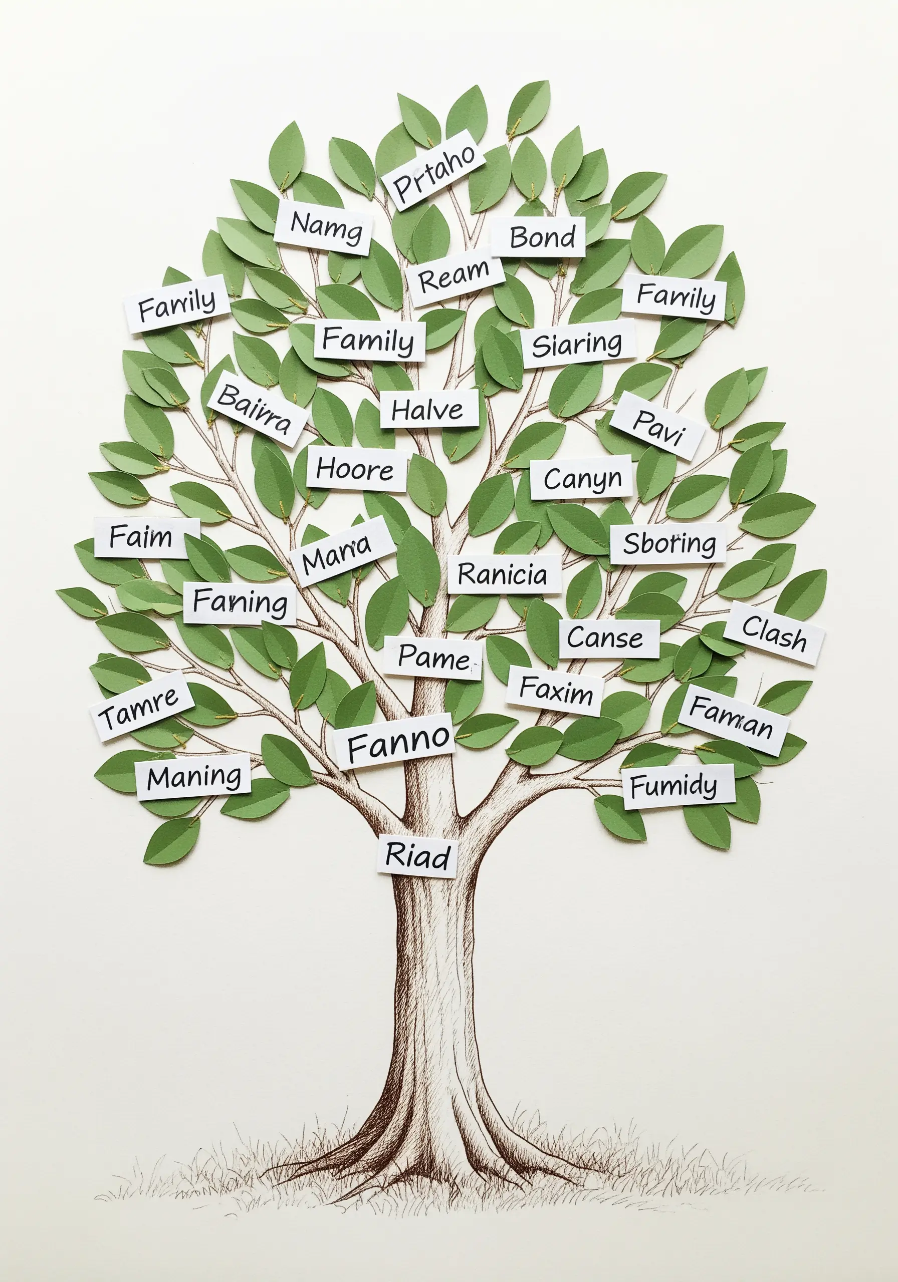 A family tree illustration with names printed on small paper banners attached to the branches.