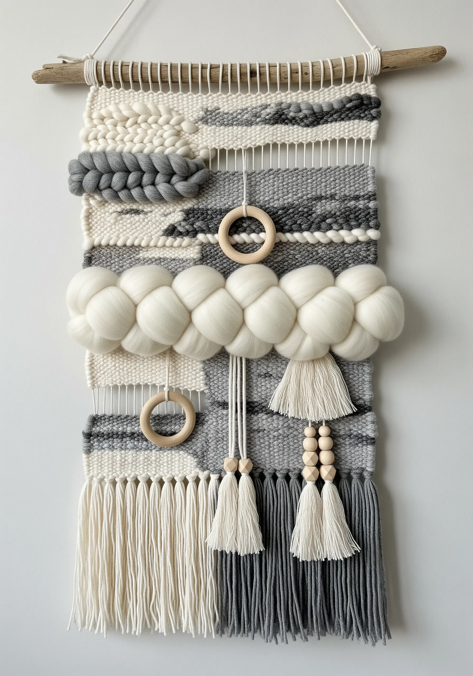 A woven wall hanging in neutral grays and creams, featuring a variety of textures like braids and roving.