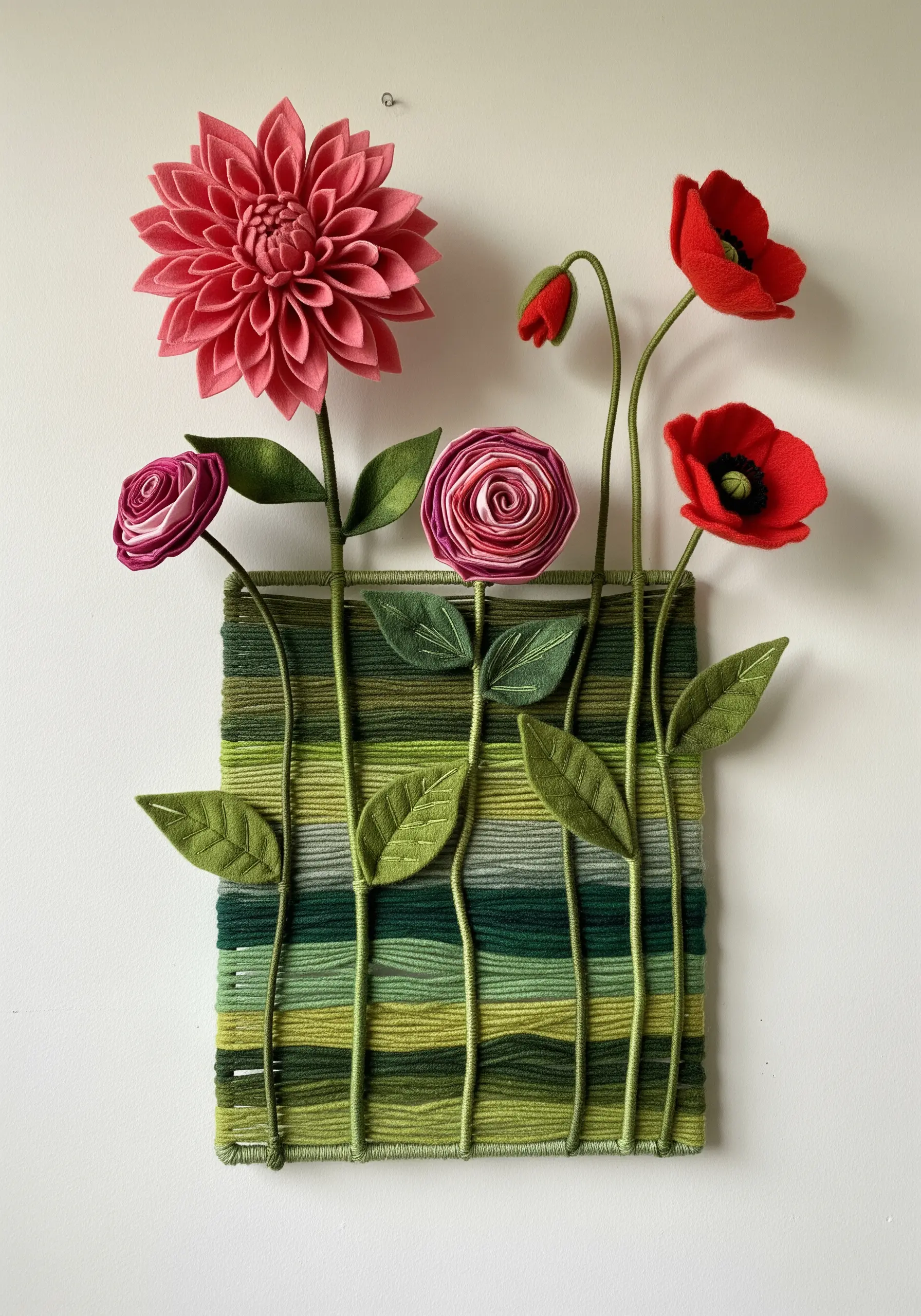 A 3D floral wall art piece with felt flowers and yarn-wrapped stems on a green yarn background.