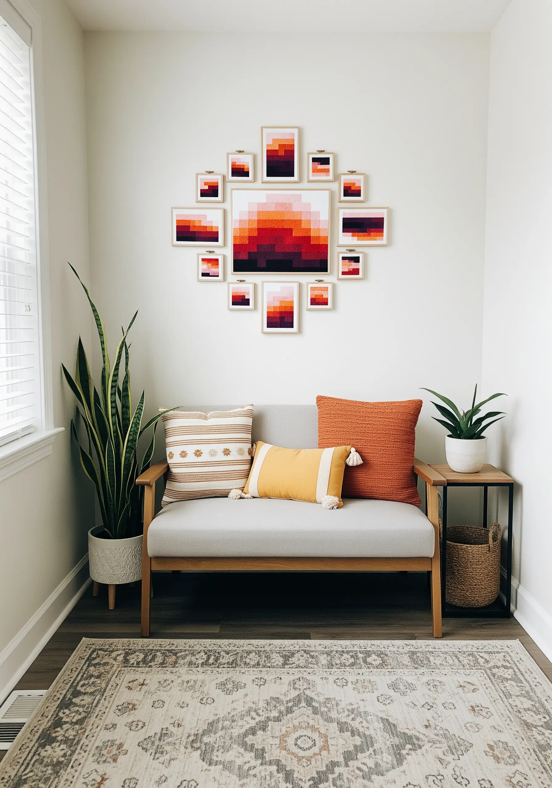 A mosaic of many small framed embroidery pieces forming a pixelated sunset gradient