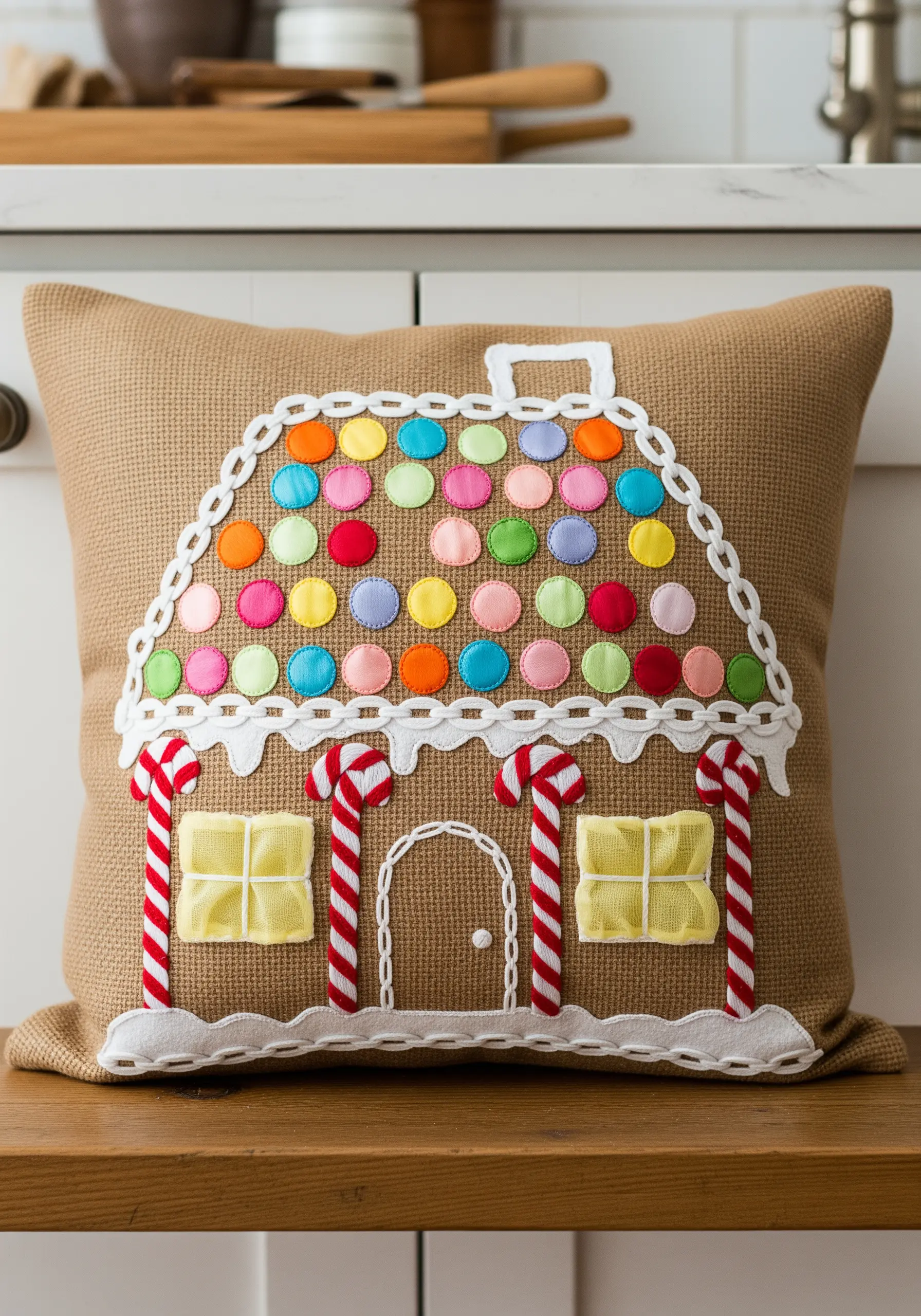 A gingerbread house pillow made with felt appliqué for candy and icing details.