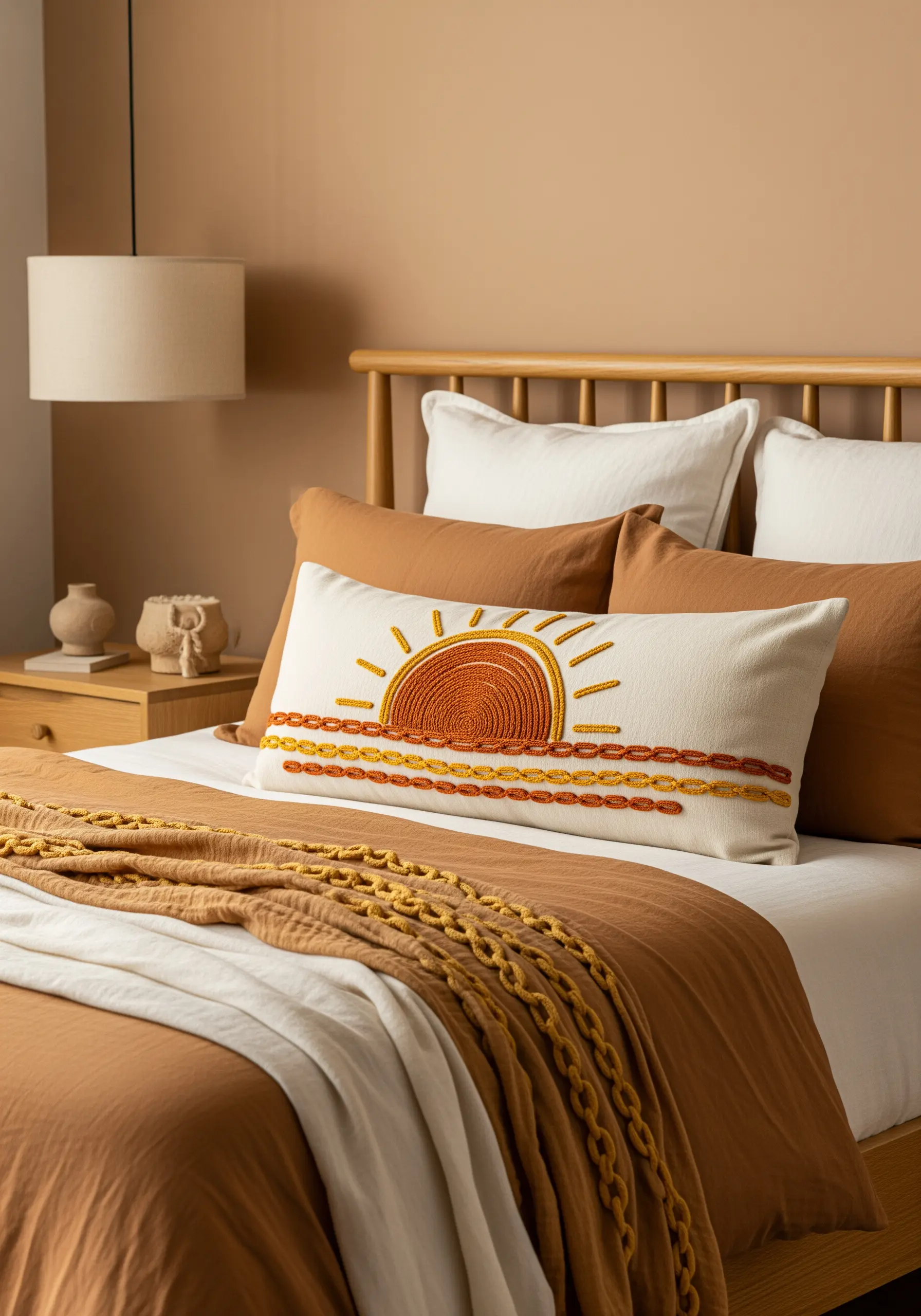 Embroidered sunrise motif with a gradient orange center and radiating yellow sun rays.