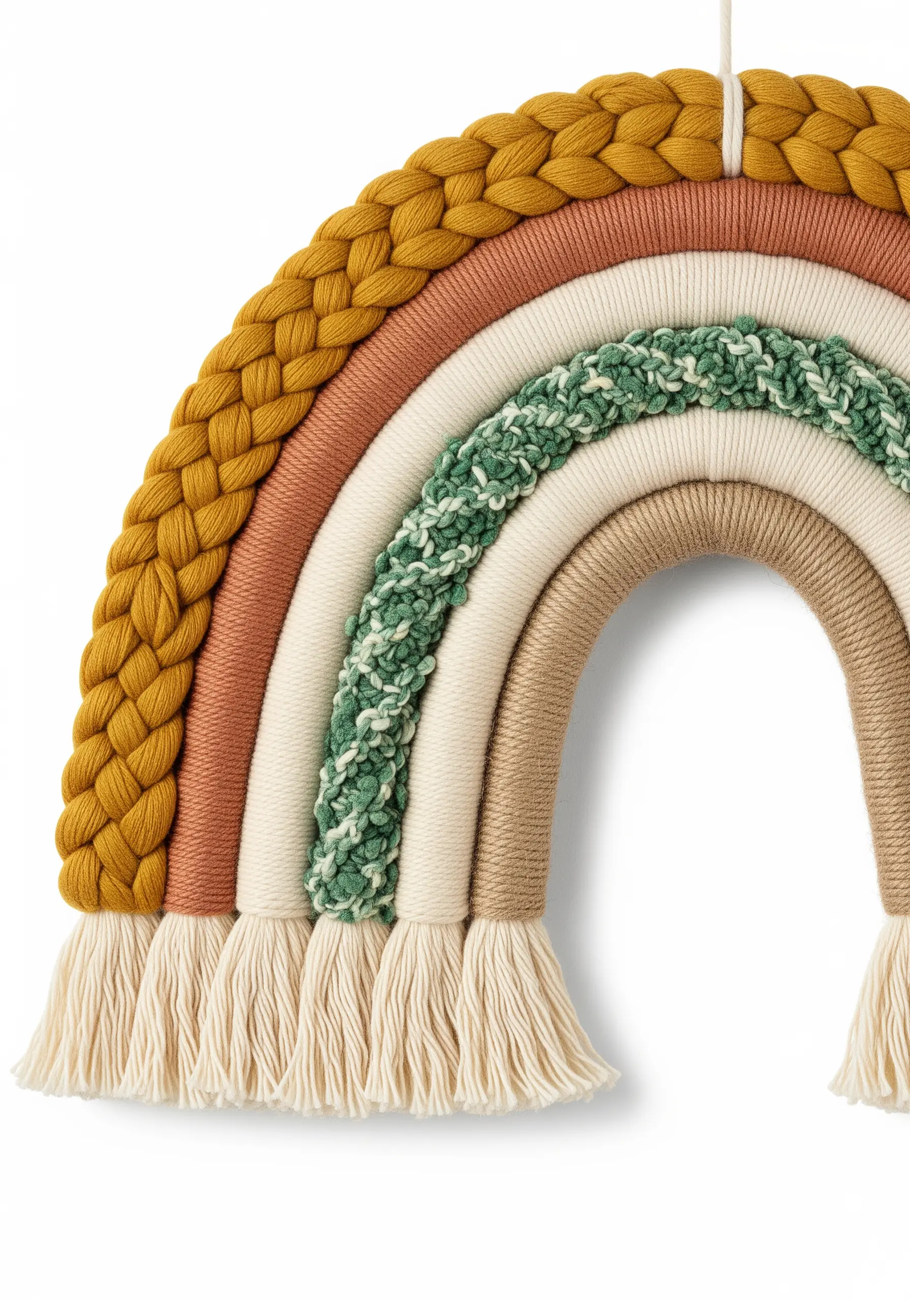 Close-up of a fiber rainbow with each arch wrapped in a different textured yarn.