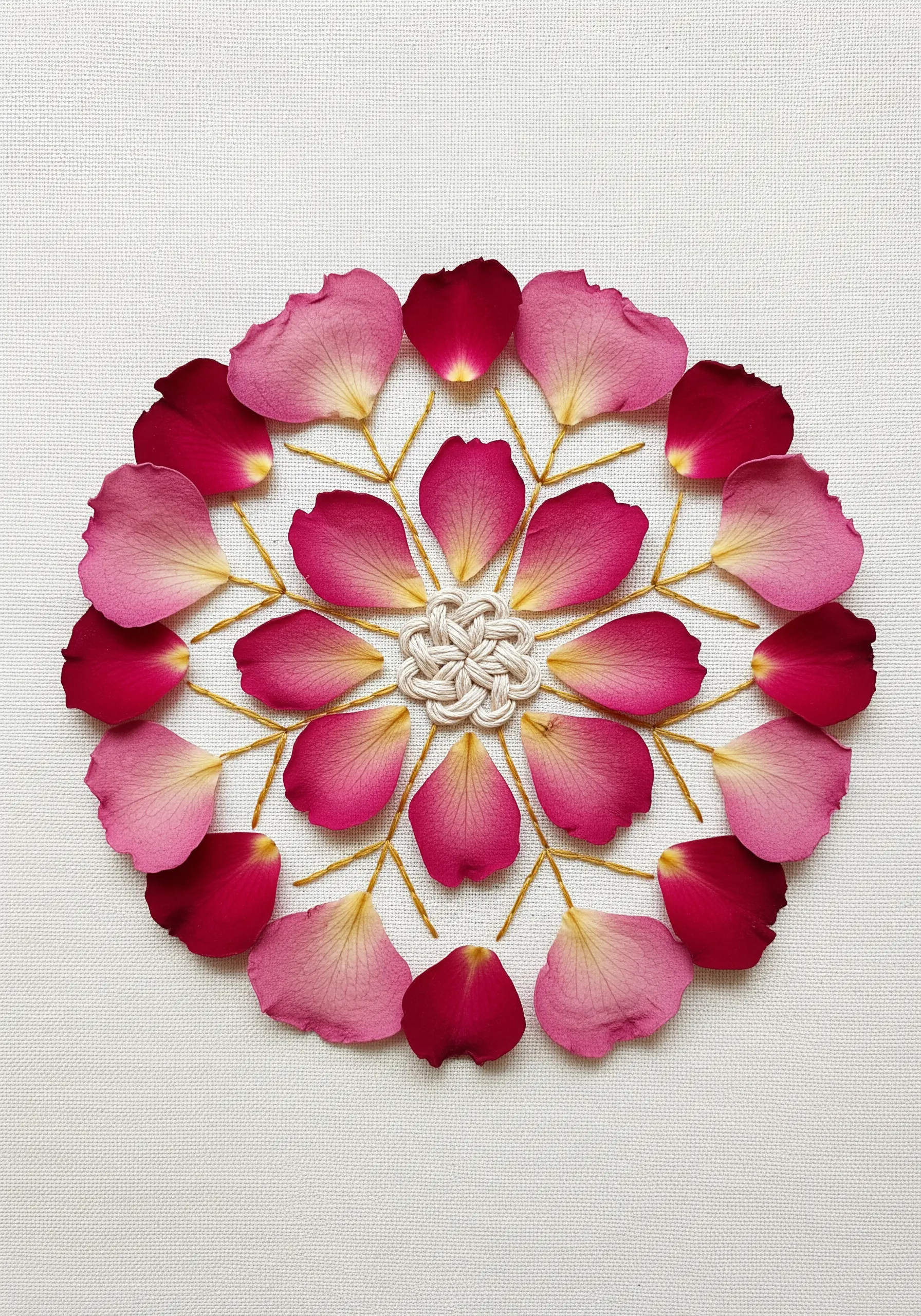 A circular mandala made of pressed pink and red rose petals with a woven knot center.