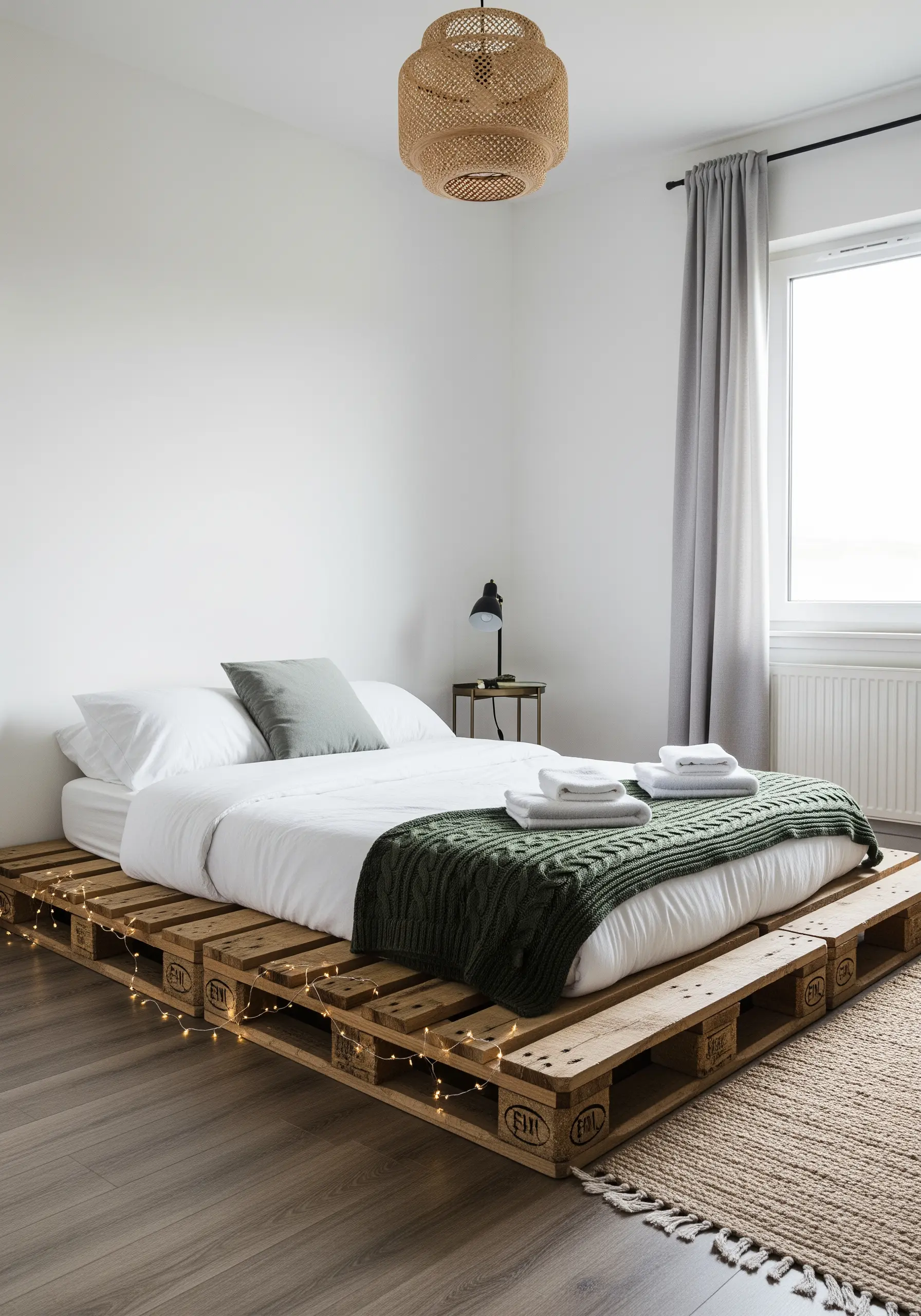 A minimalist bed with a mattress resting on a low bed frame made from wooden pallets.