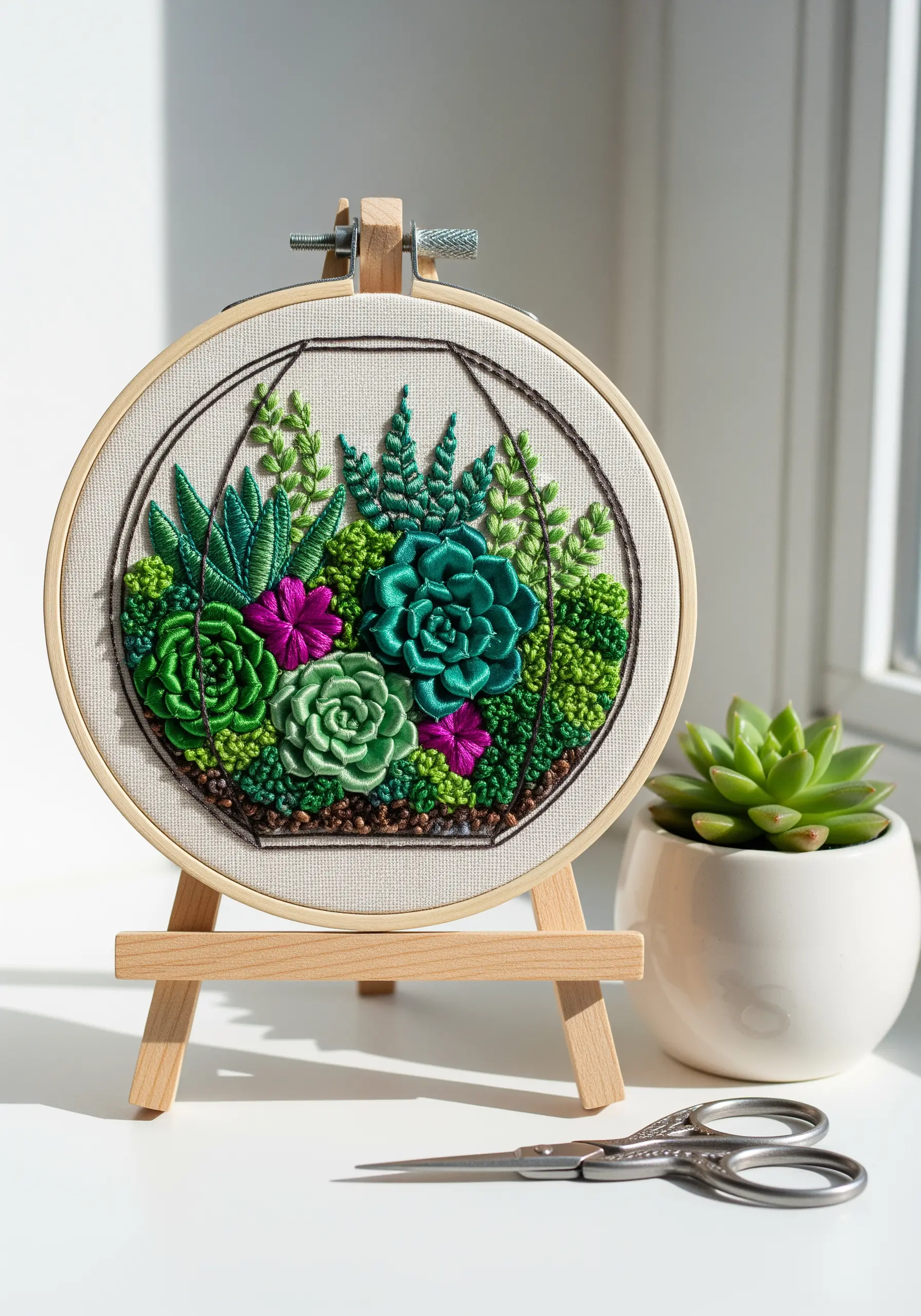 Embroidery hoop art of a succulent terrarium with 3D stitches on a wooden easel