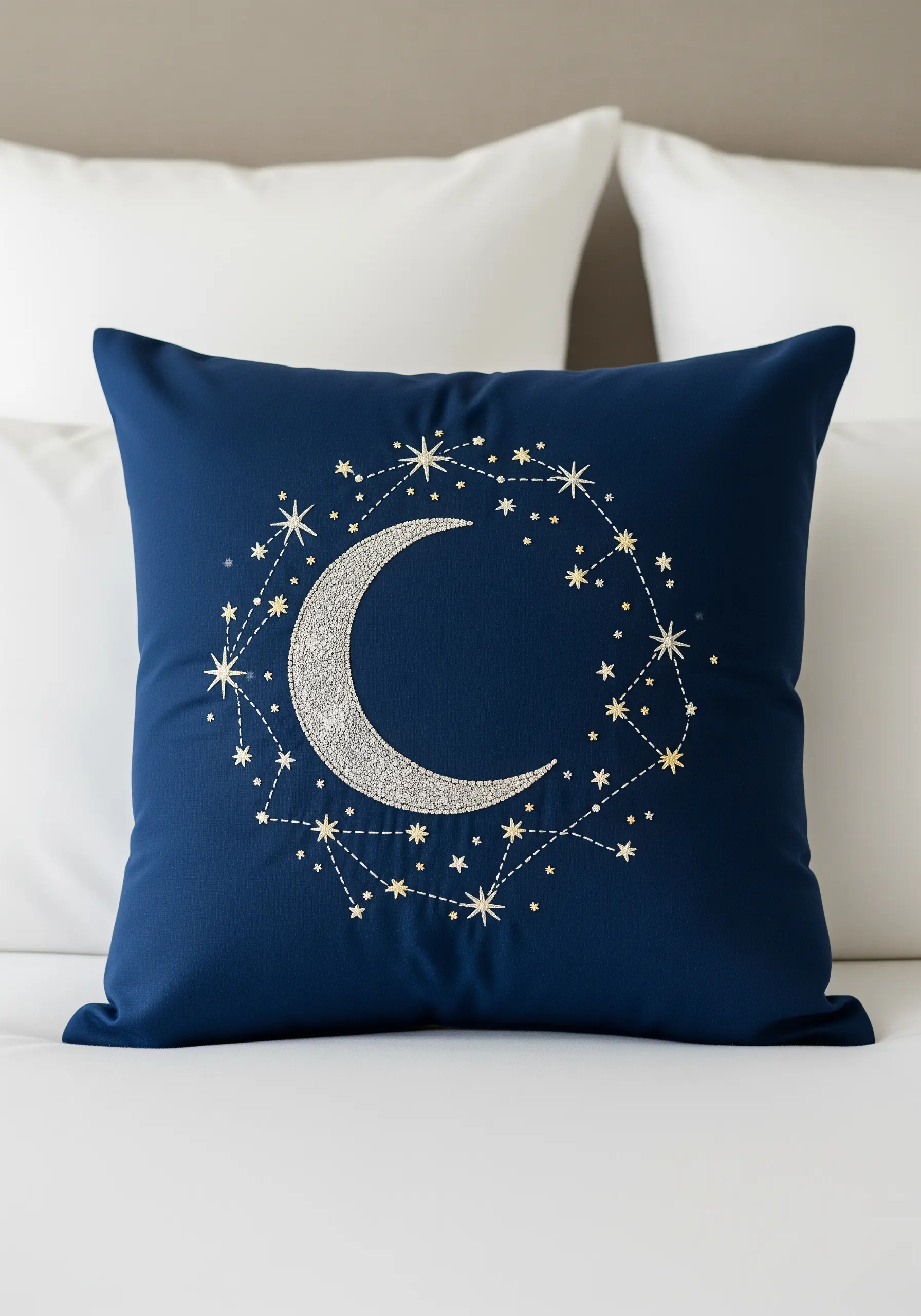A crescent moon filled with silver stitches, surrounded by gold stars on a navy cushion.