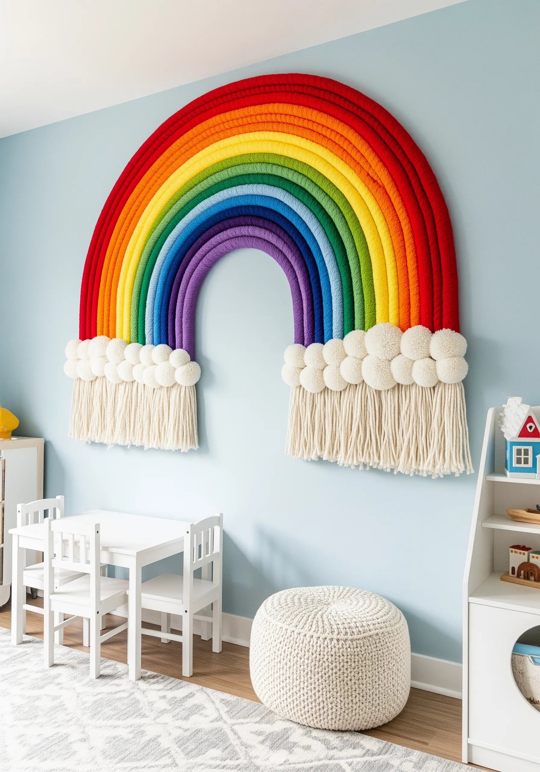 A very large, yarn-wrapped rainbow arch wall hanging above a children's play table.